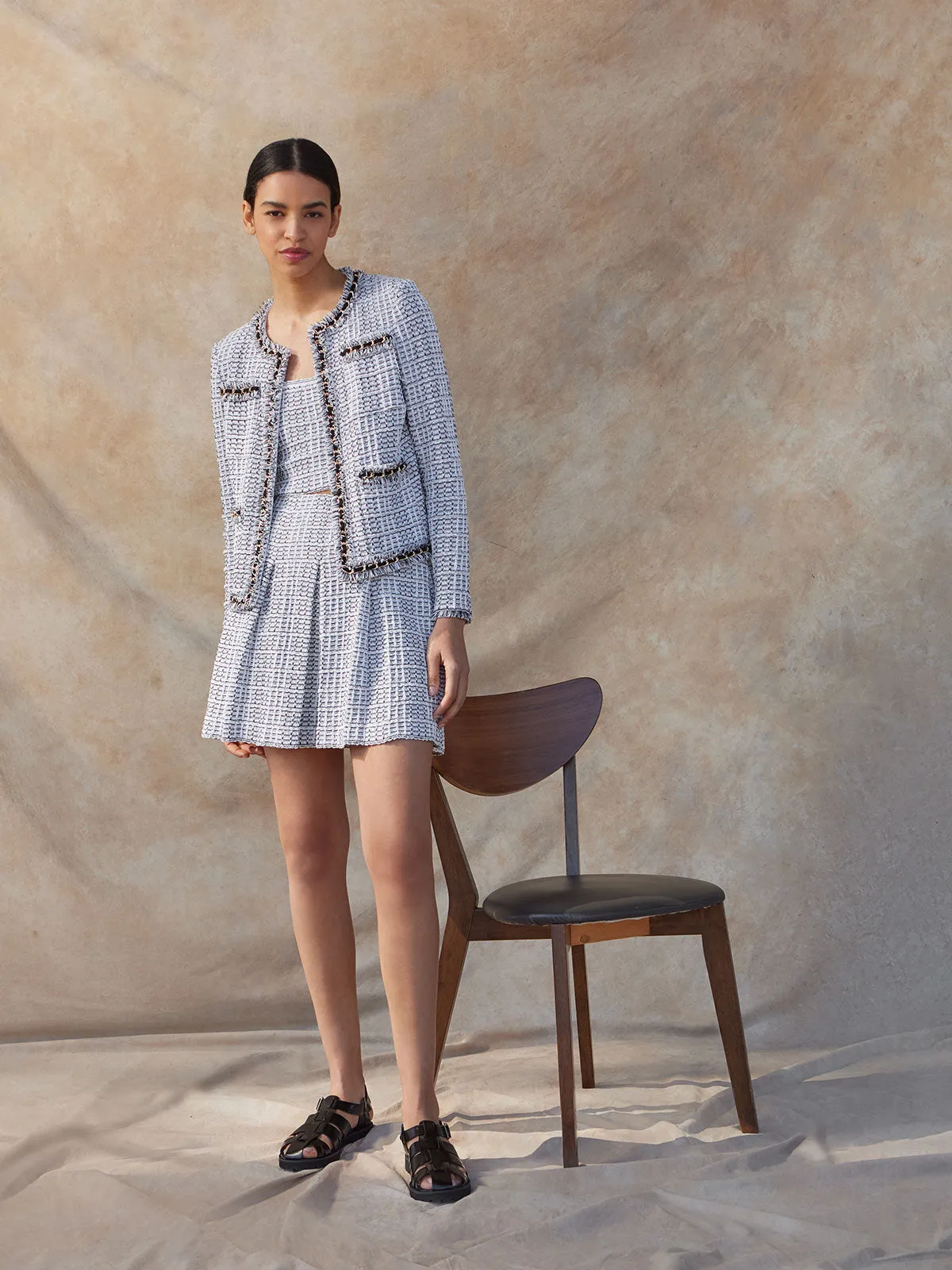 A-Line Pleated Tweed Knit Skirt