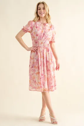 And The Why Smocked Waist Printed Midi Dress in Pink