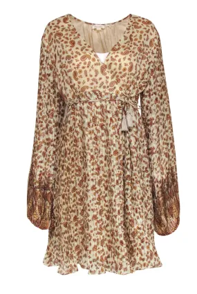 Anthropologie - Beige Paisley Print Pleated Wrap Dress Sz XL