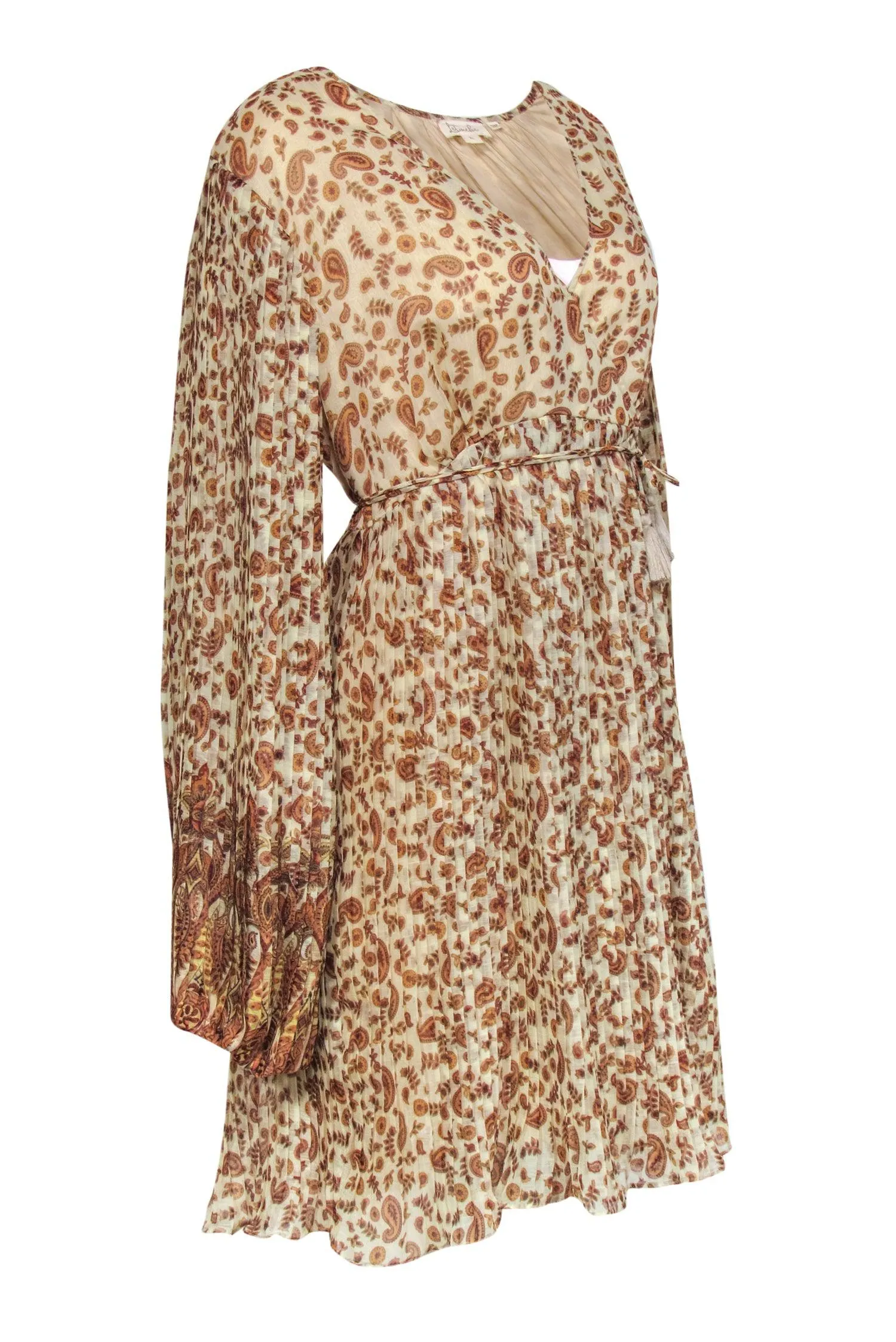 Anthropologie - Beige Paisley Print Pleated Wrap Dress Sz XL