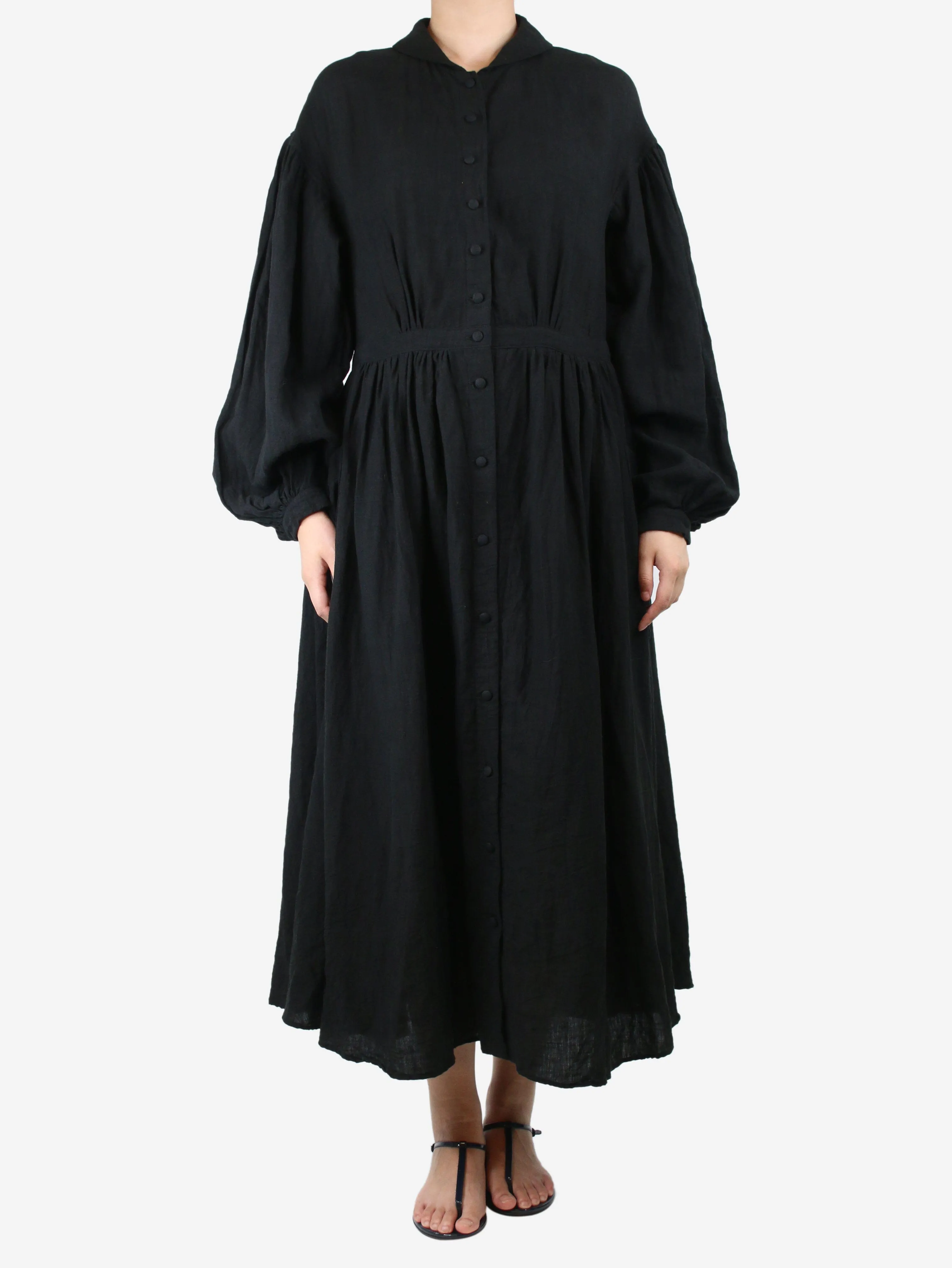 Black puff-sleeve belted linen midi dress - size UK 10