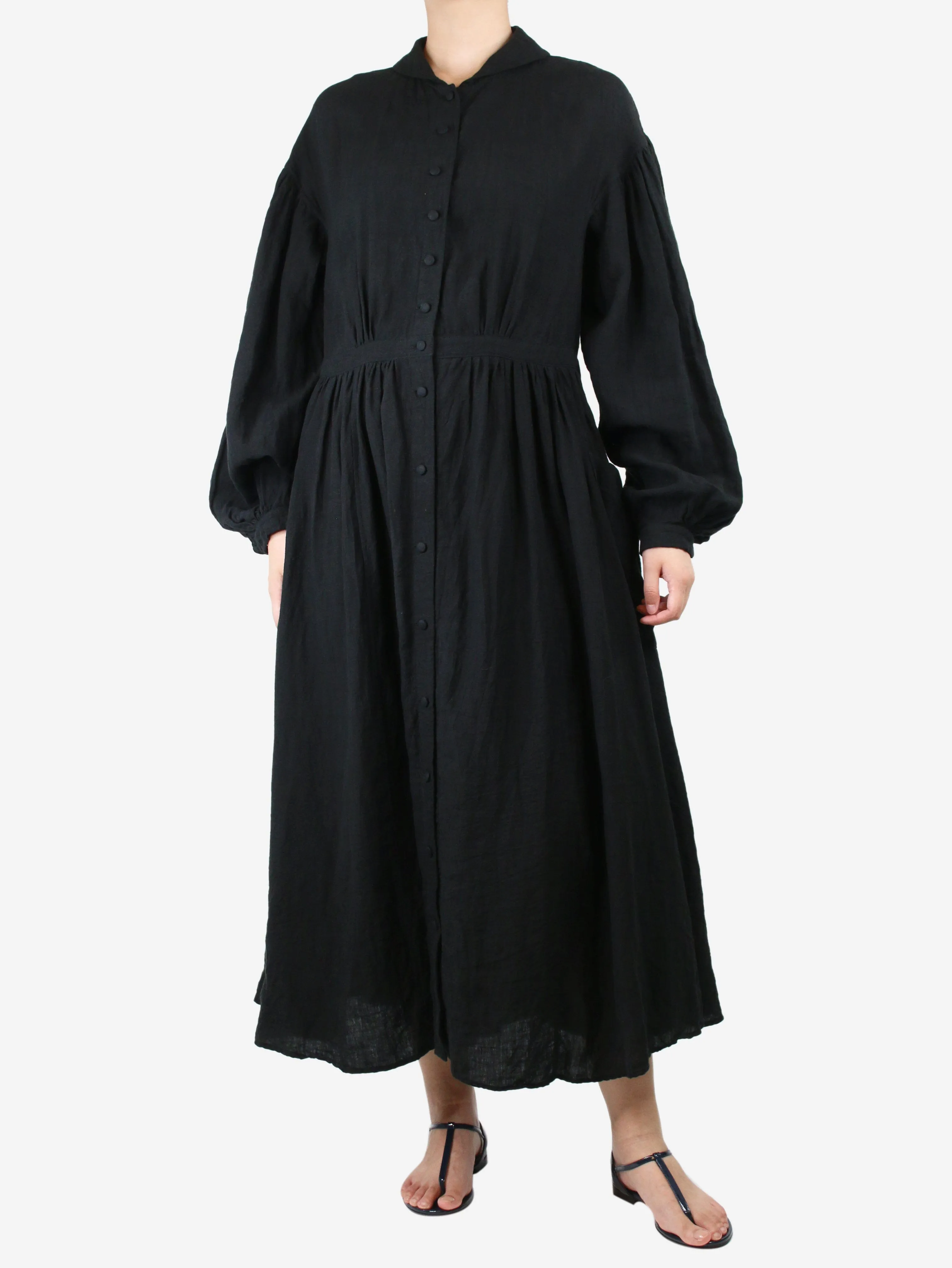 Black puff-sleeve belted linen midi dress - size UK 10