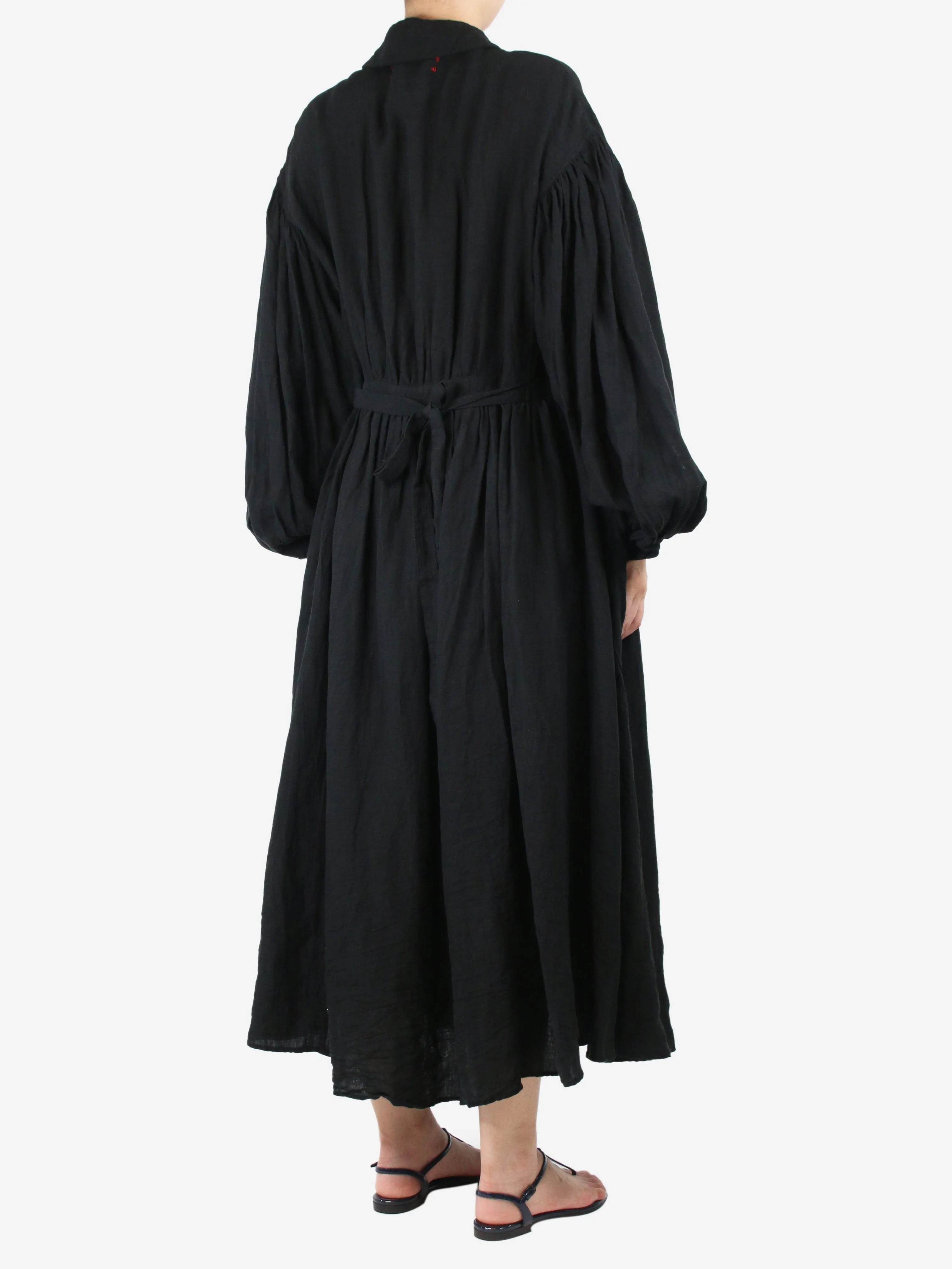 Black puff-sleeve belted linen midi dress - size UK 10