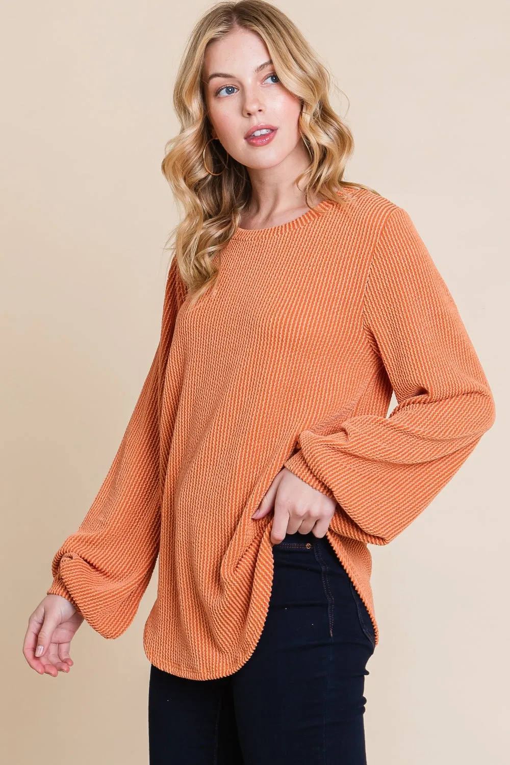 Blue Zone Planet |  BOMBOM Long Sleeve Curved Hem Ribbed T-Shirt