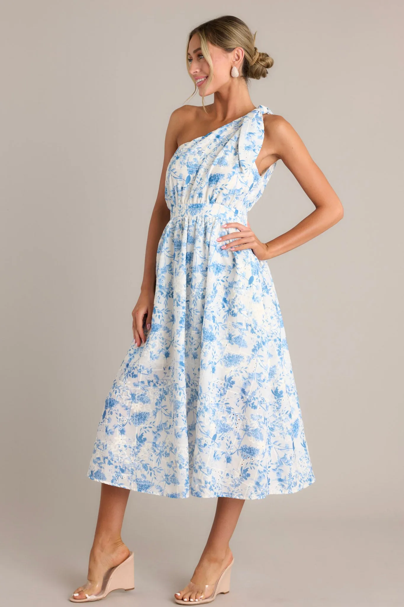 Bluebell Bliss Blue Floral One Shoulder Midi Dress