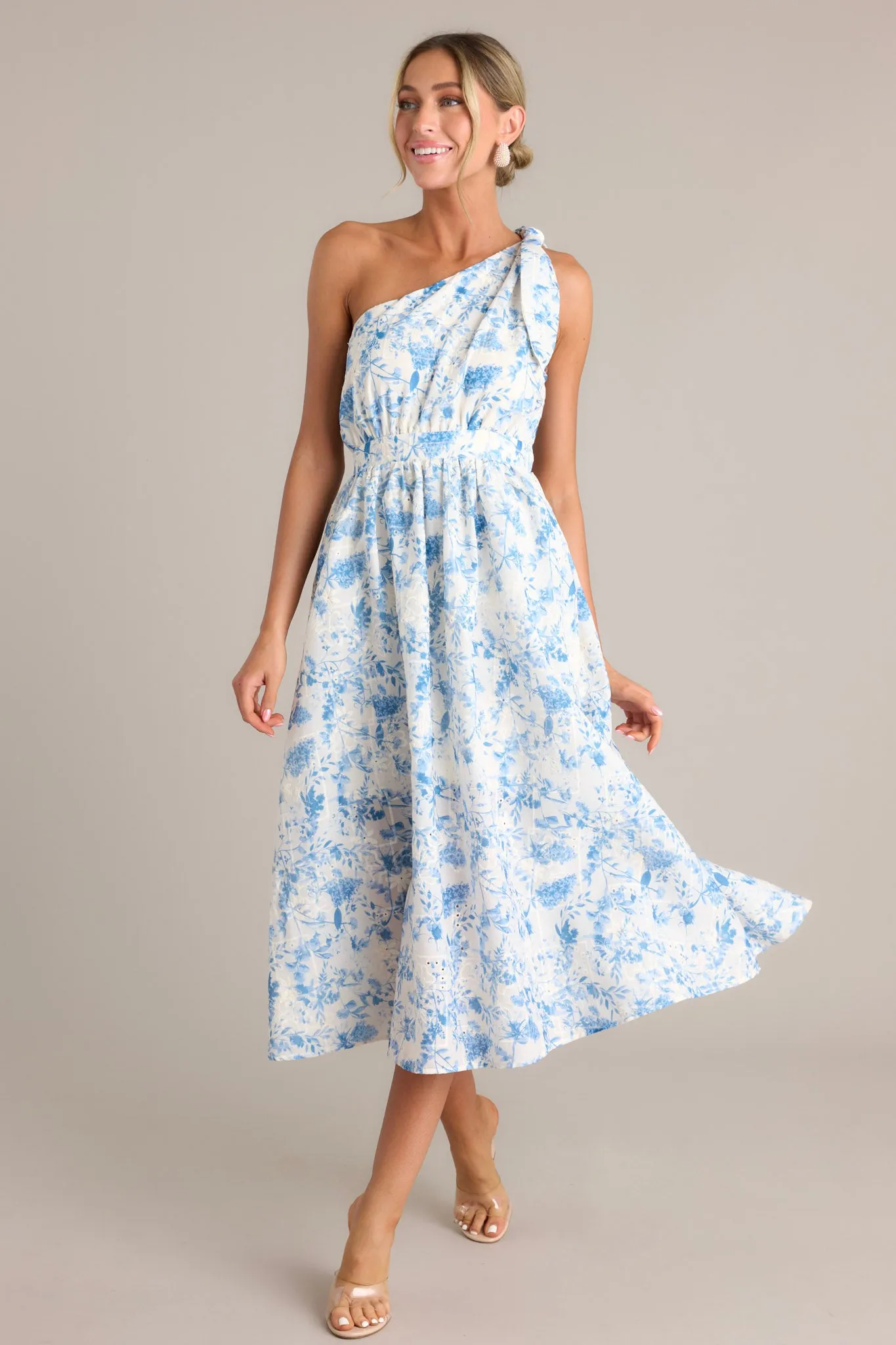 Bluebell Bliss Blue Floral One Shoulder Midi Dress