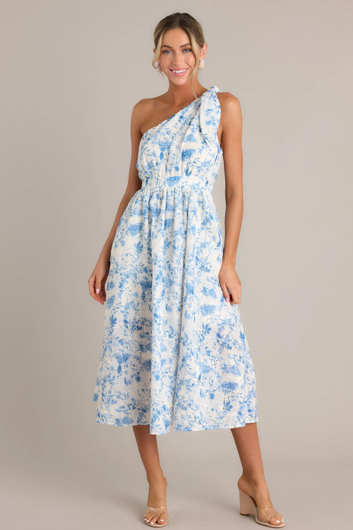 Bluebell Bliss Blue Floral One Shoulder Midi Dress