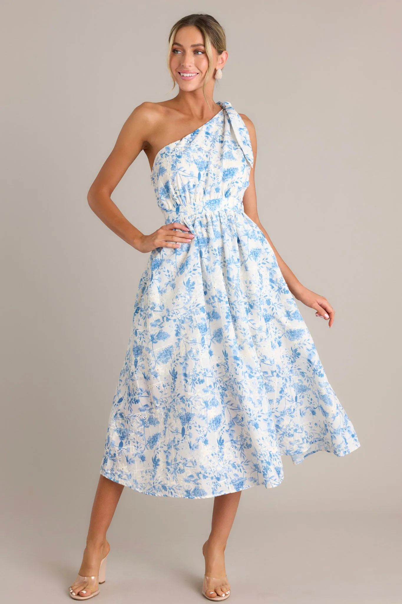 Bluebell Bliss Blue Floral One Shoulder Midi Dress