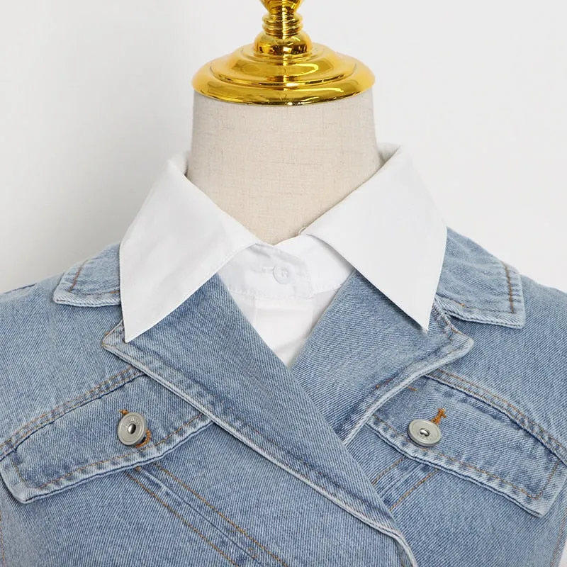 Casual Korean Suit For Women Lapel Puff Sleeve Shirt Denim Cross Vest Elegant Two Piece Sets Female