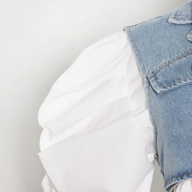 Casual Korean Suit For Women Lapel Puff Sleeve Shirt Denim Cross Vest Elegant Two Piece Sets Female