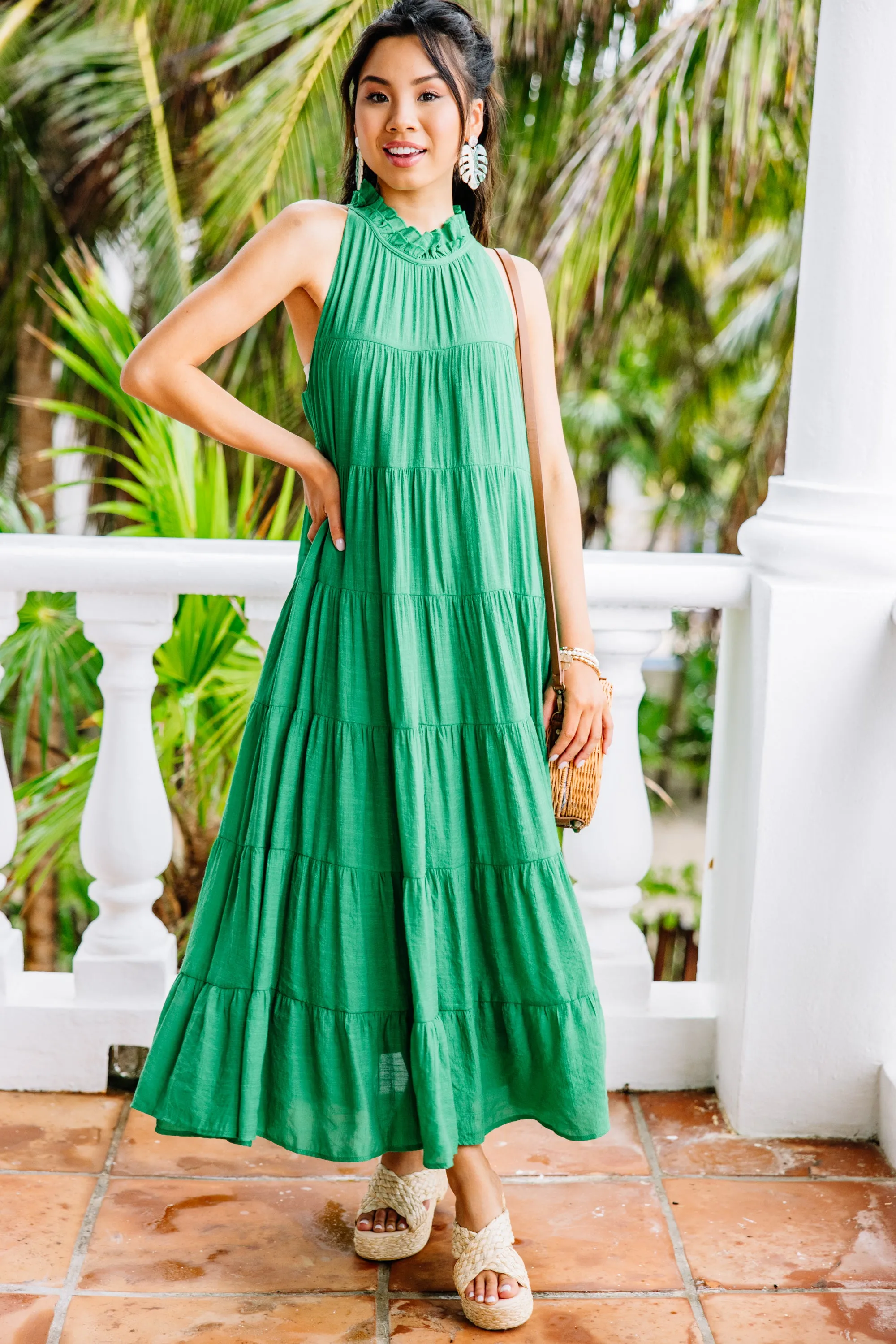 Come To Me Kelly Green Tiered Midi Dress