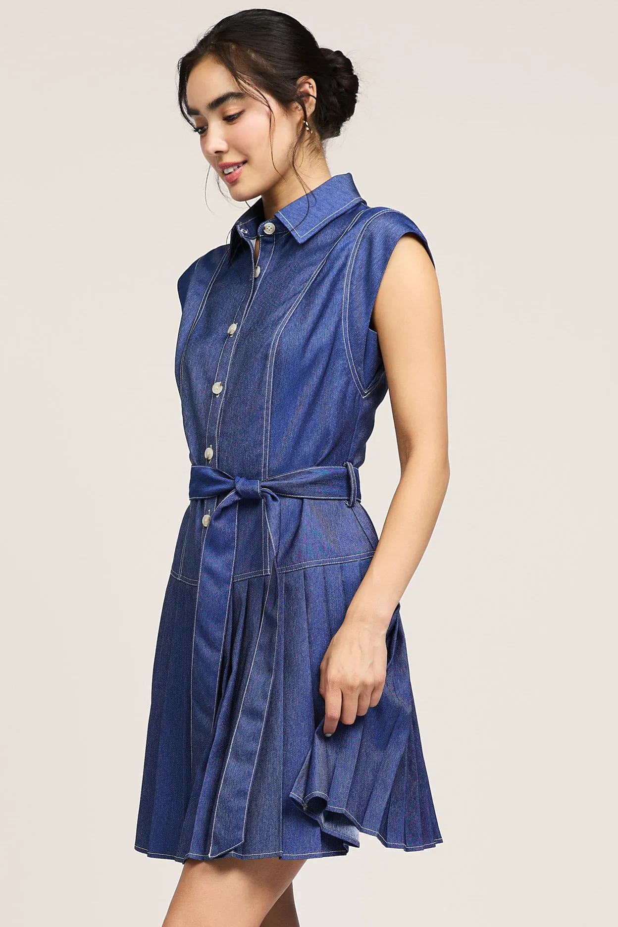 Contrast Stitch Pleated Mini Dress