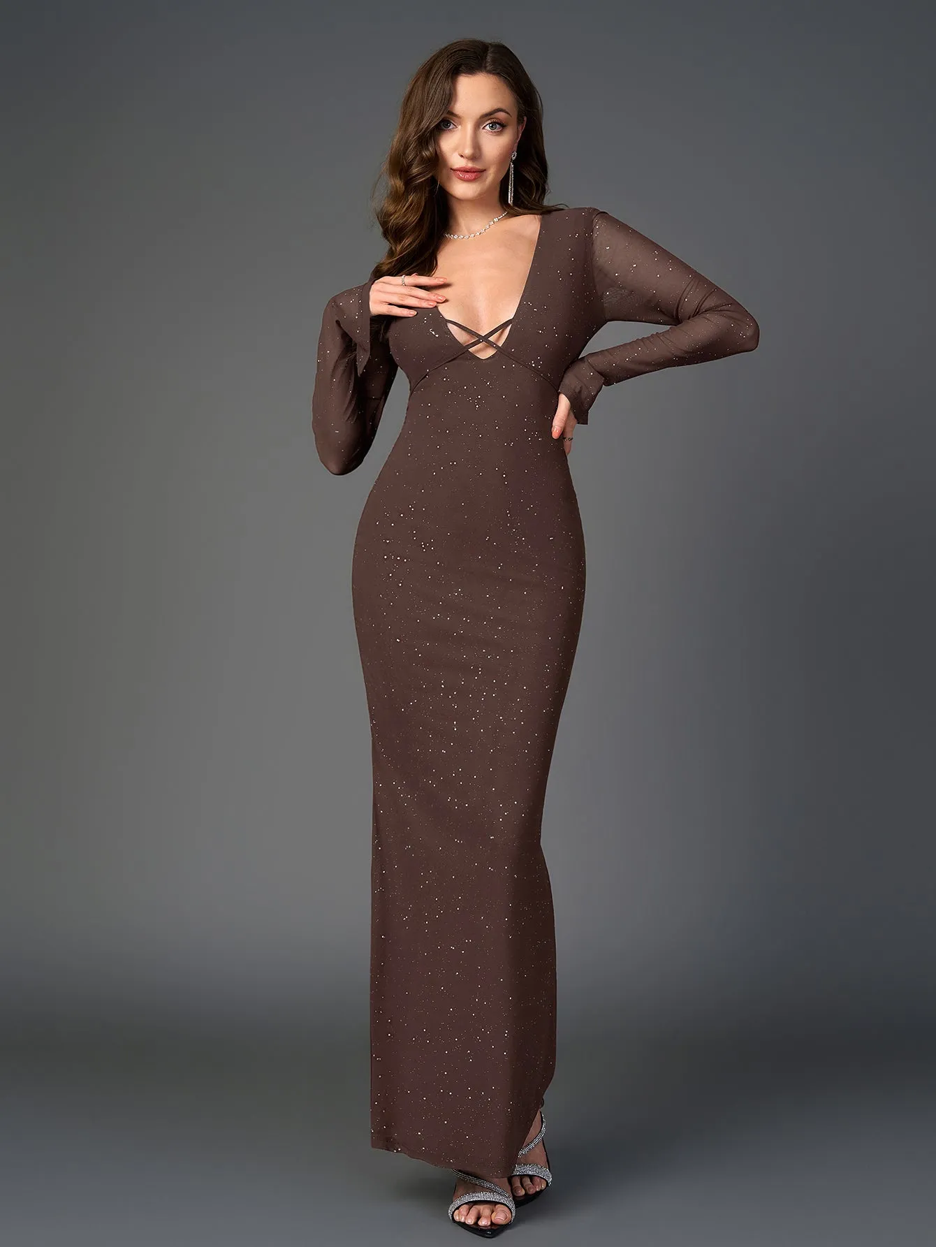 Deep V-Neck Crisscross Tie Front Glitter Bodycon Dress