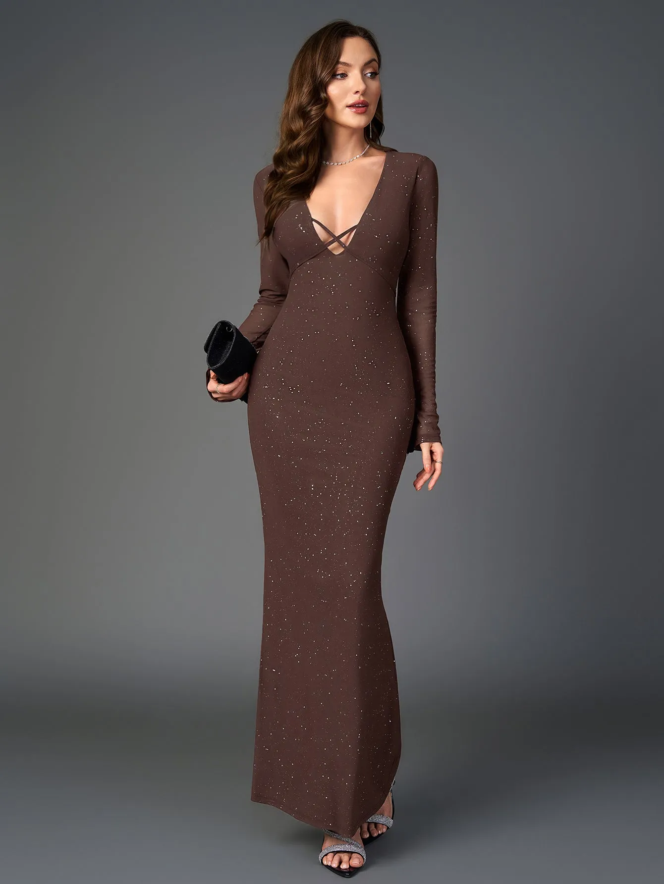 Deep V-Neck Crisscross Tie Front Glitter Bodycon Dress