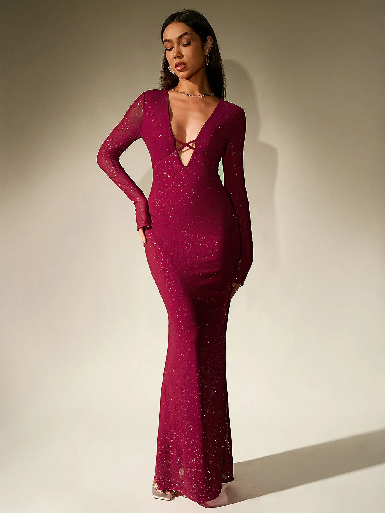 Deep V-Neck Crisscross Tie Front Glitter Bodycon Dress