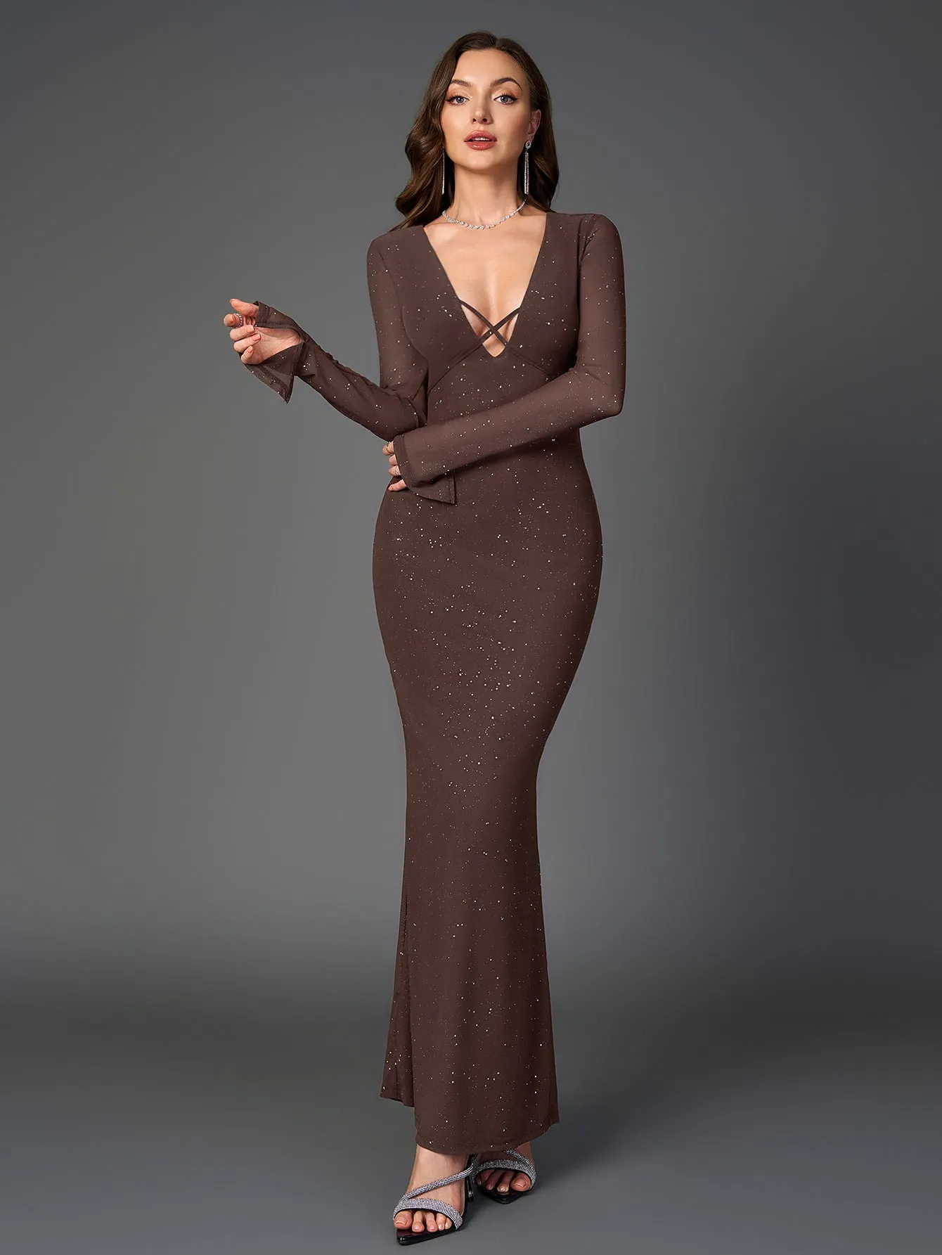 Deep V-Neck Crisscross Tie Front Glitter Bodycon Dress