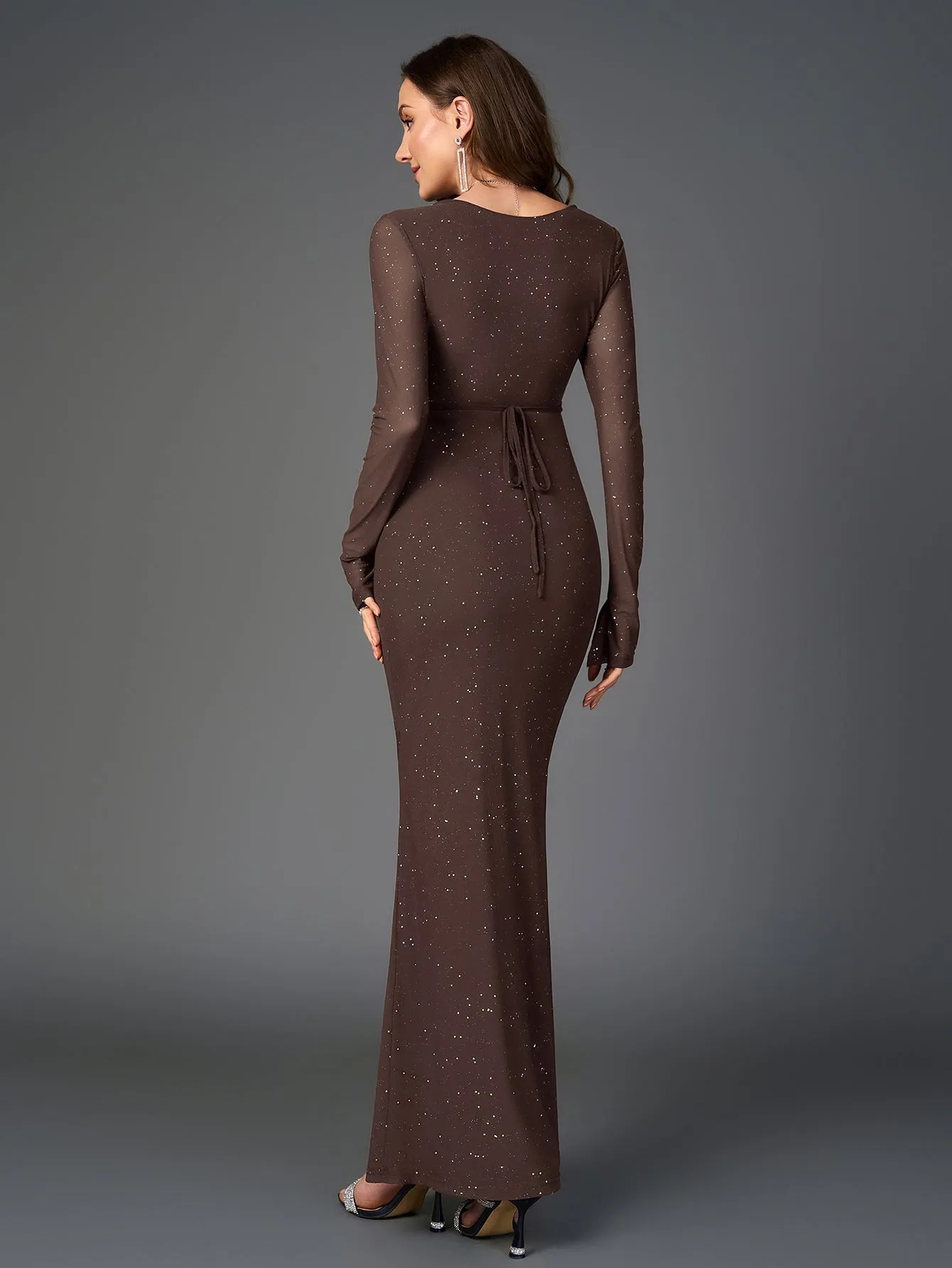 Deep V-Neck Crisscross Tie Front Glitter Bodycon Dress