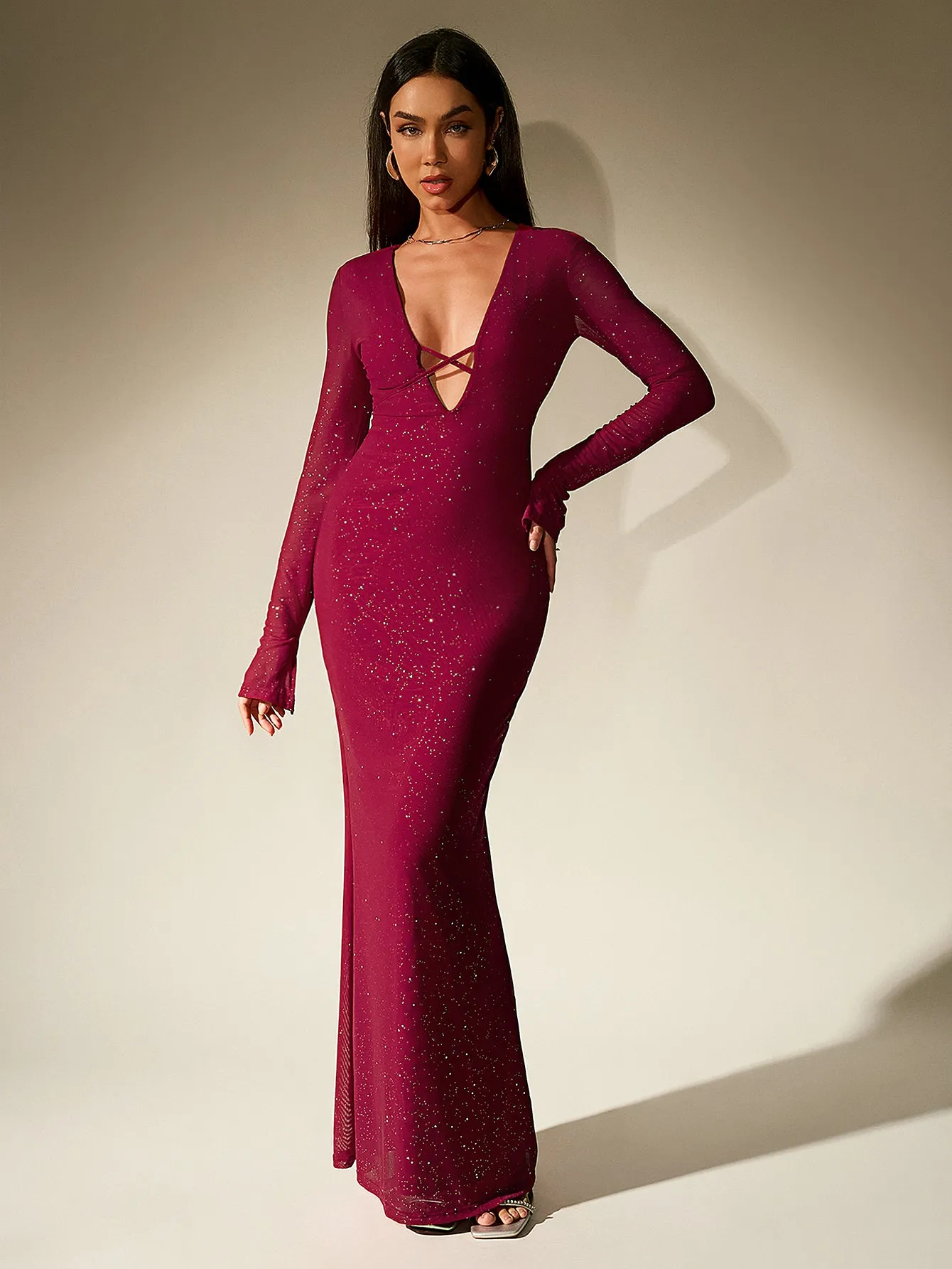 Deep V-Neck Crisscross Tie Front Glitter Bodycon Dress
