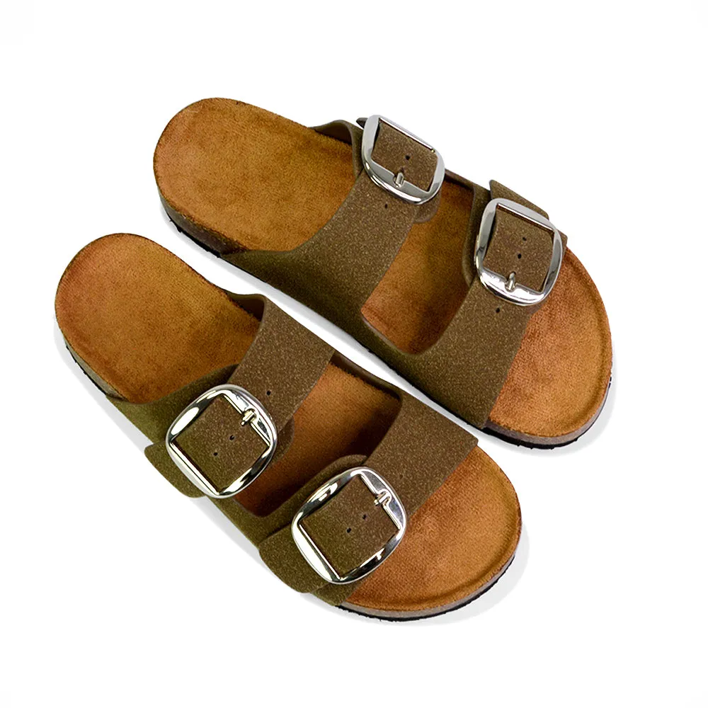 Dolly Slip On Sliders Statement Double Buckle Up Flat Sandals in Taupe