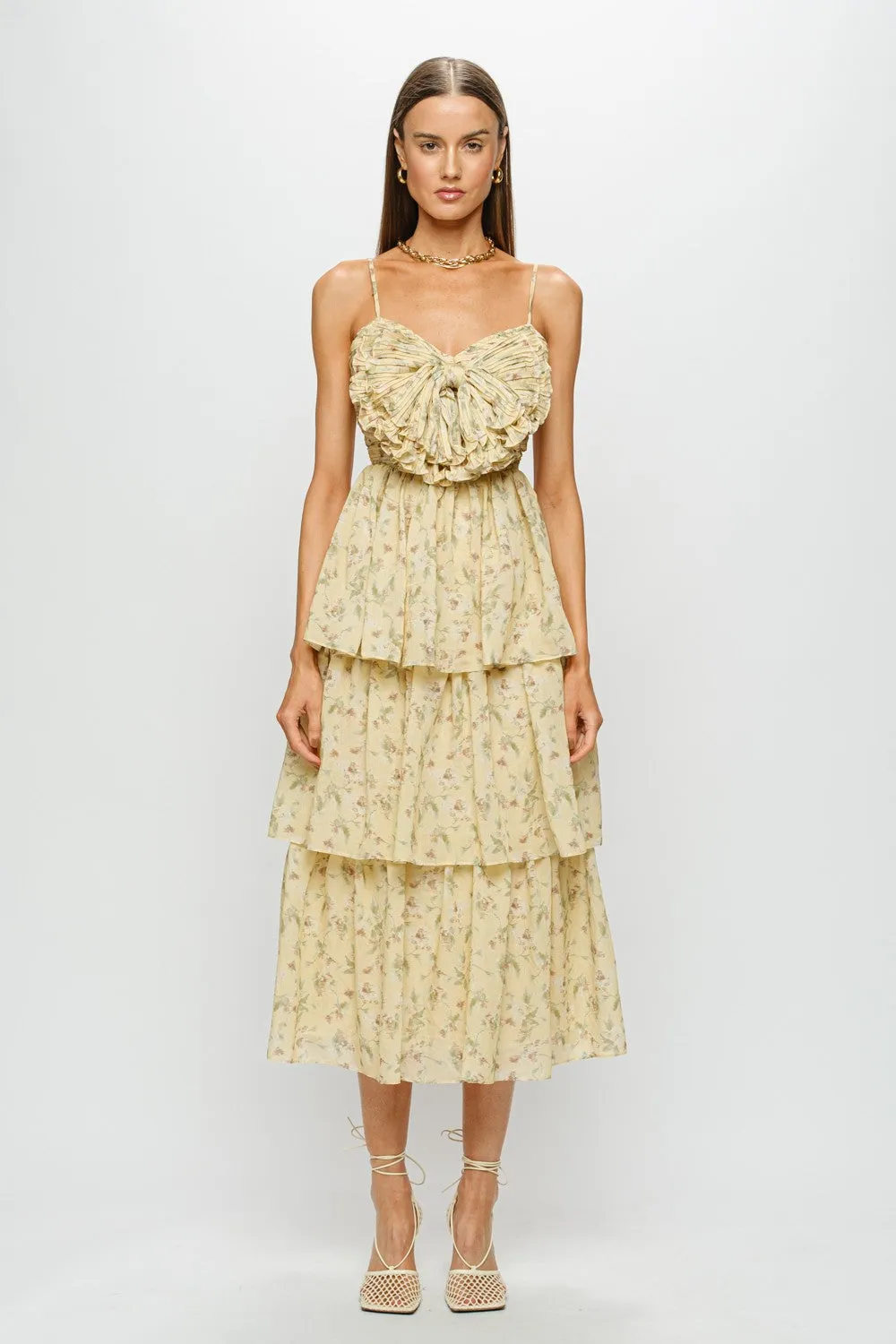 Elaine Floral Bow Midi Dress Yellow