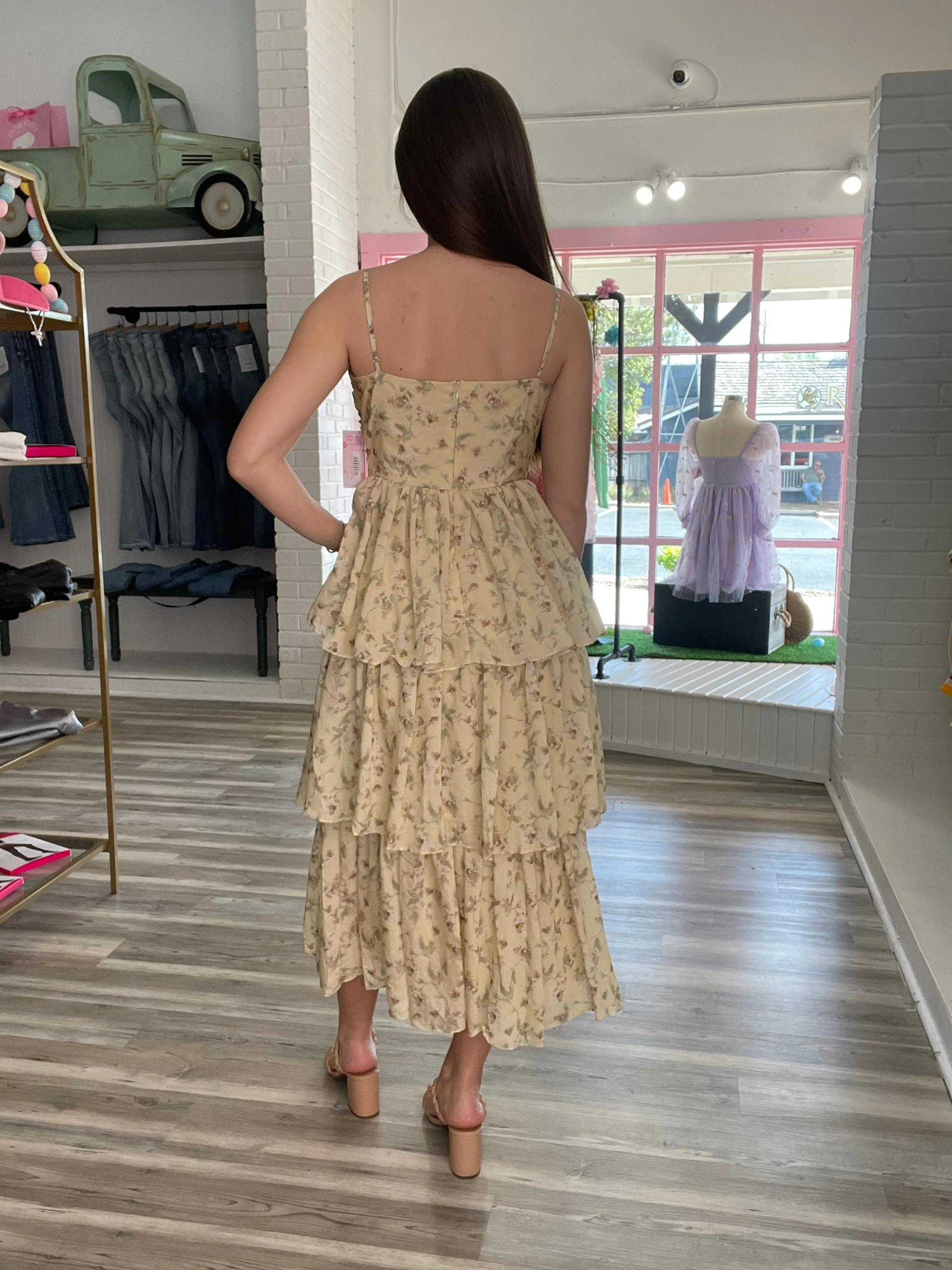 Elaine Floral Bow Midi Dress Yellow