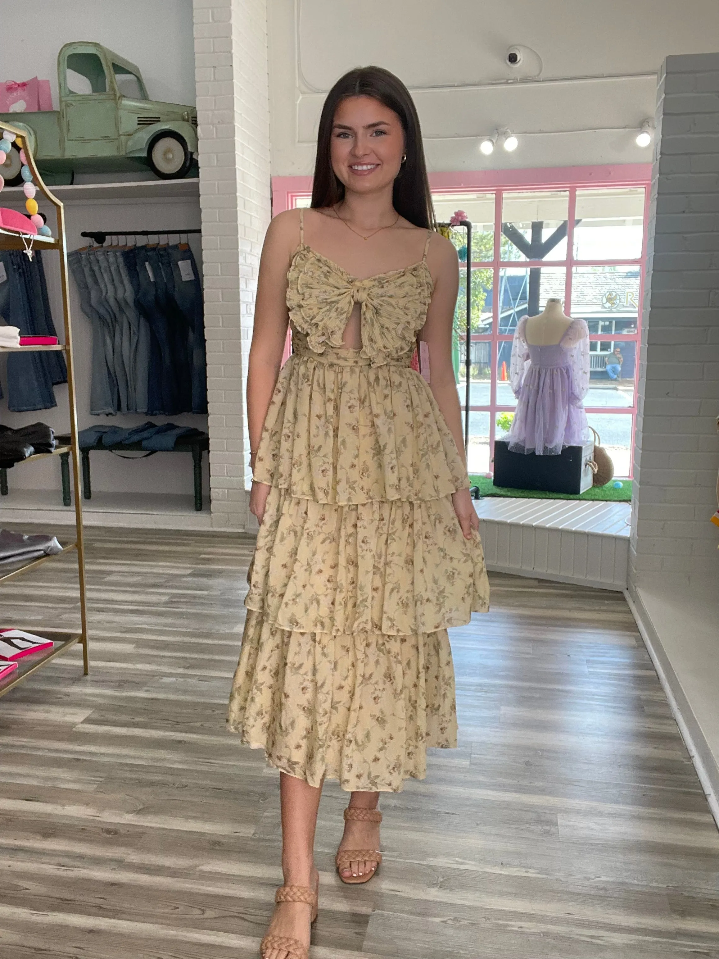 Elaine Floral Bow Midi Dress Yellow