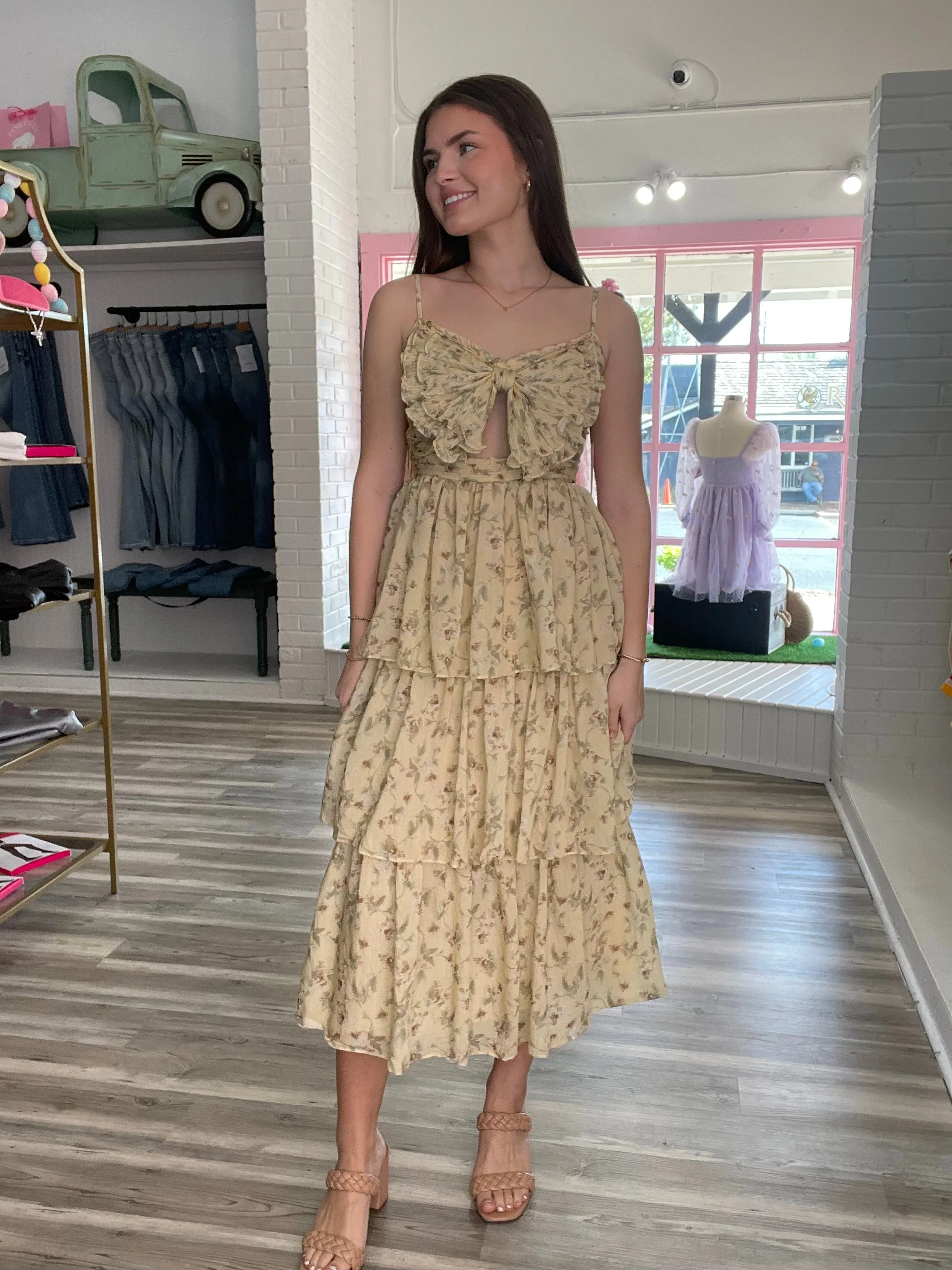 Elaine Floral Bow Midi Dress Yellow