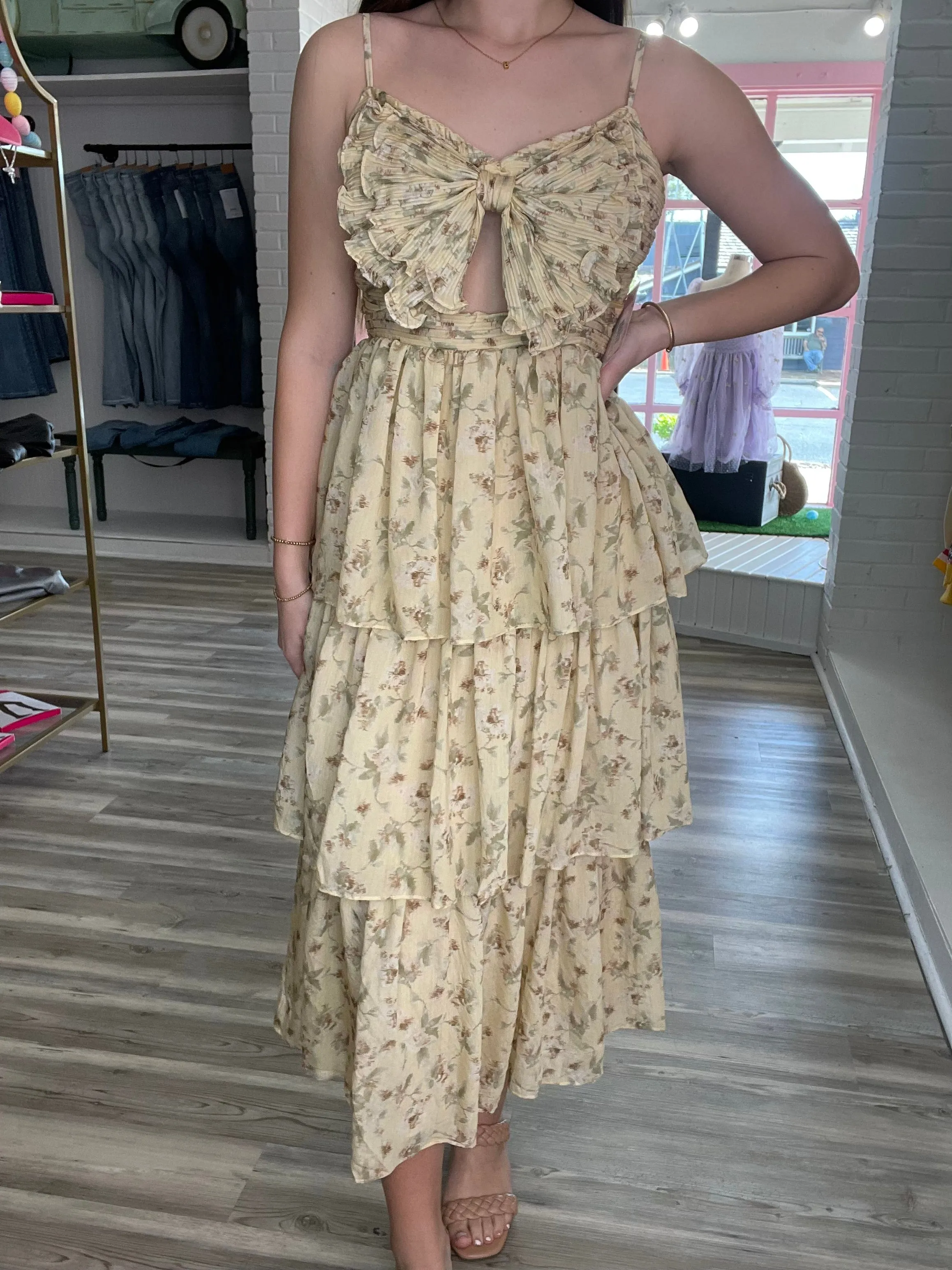 Elaine Floral Bow Midi Dress Yellow