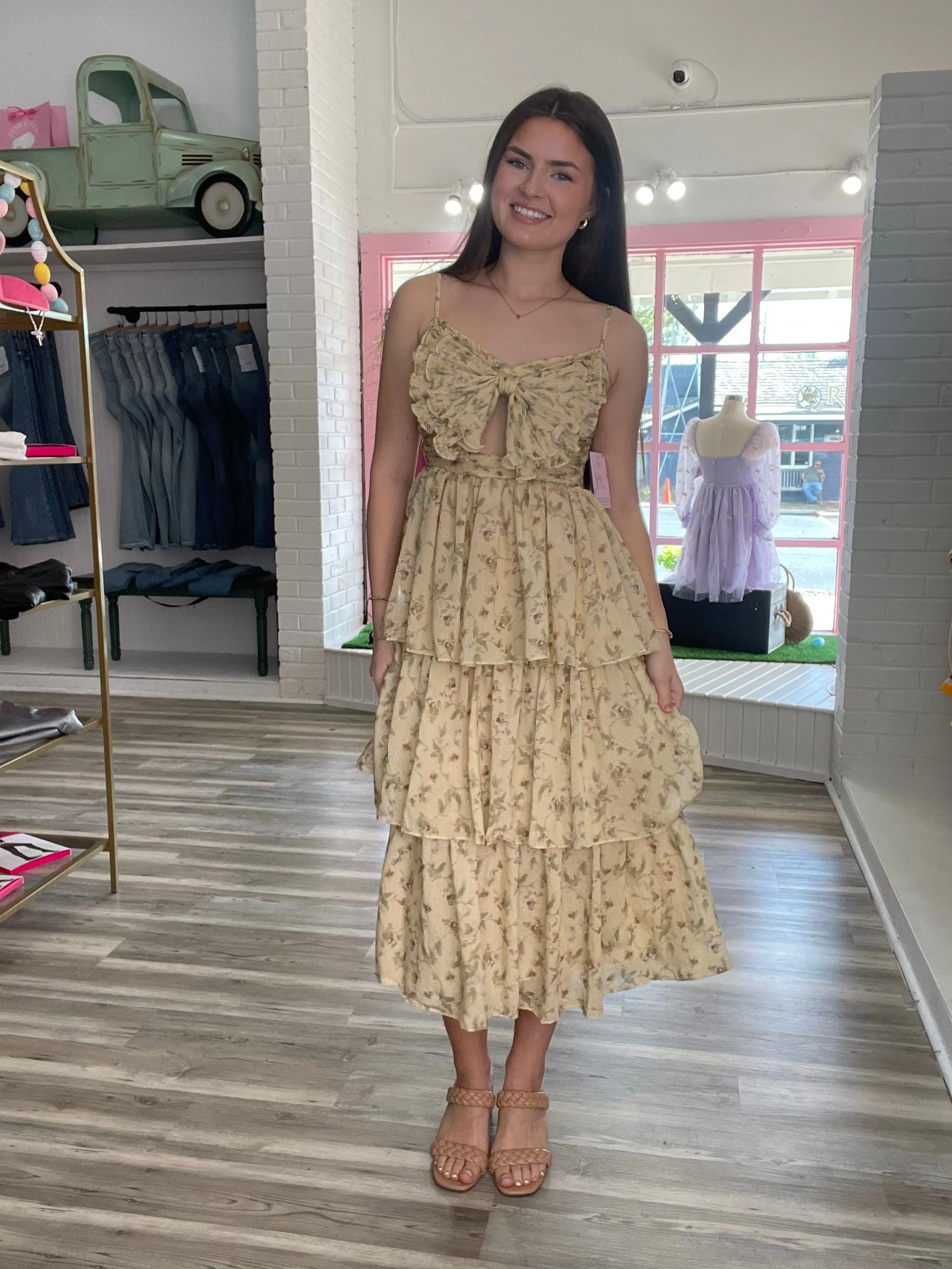 Elaine Floral Bow Midi Dress Yellow