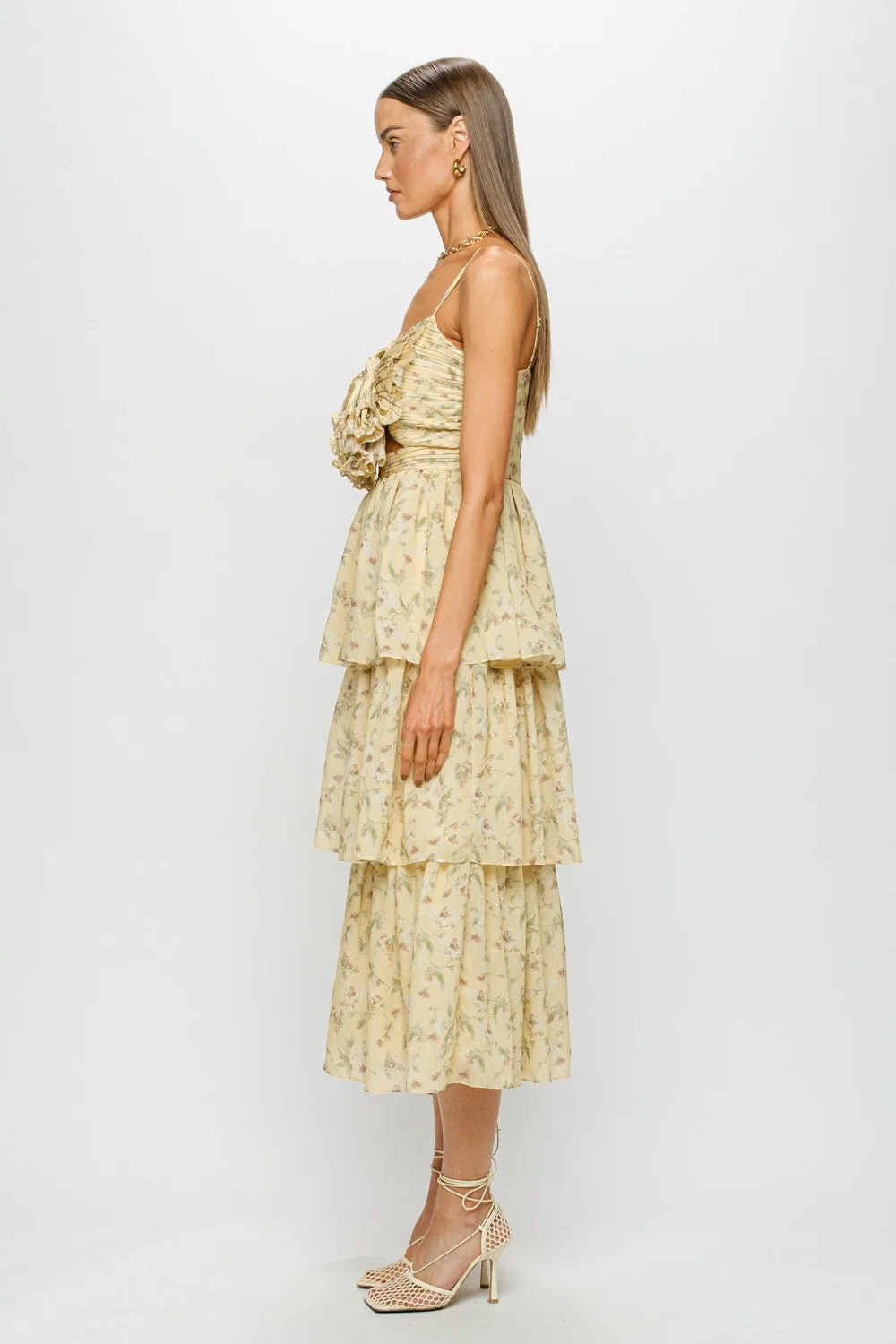 Elaine Floral Bow Midi Dress Yellow