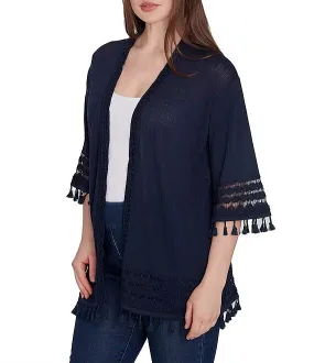 Fine-Gauze Tassel Lace Trim 3/4 Sleeve Open-Front Cardigan Navy - Ruby Rd