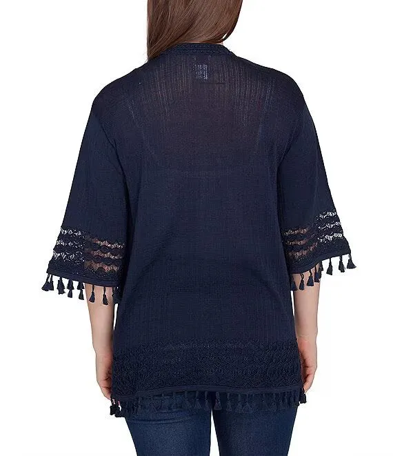 Fine-Gauze Tassel Lace Trim 3/4 Sleeve Open-Front Cardigan Navy - Ruby Rd