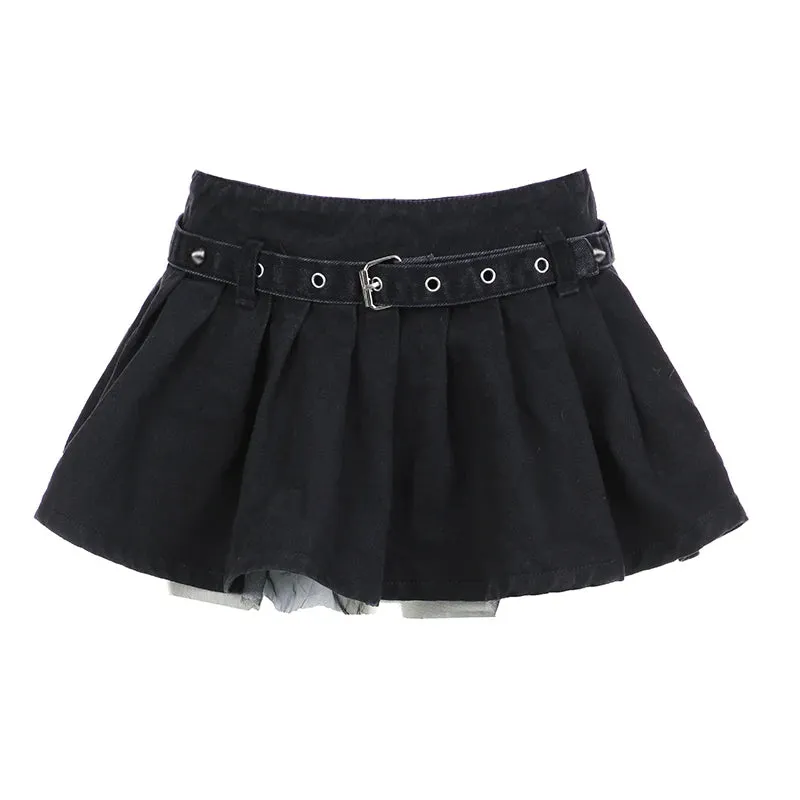 Gothic Mesh Patchwork Denim Pleated Skirt