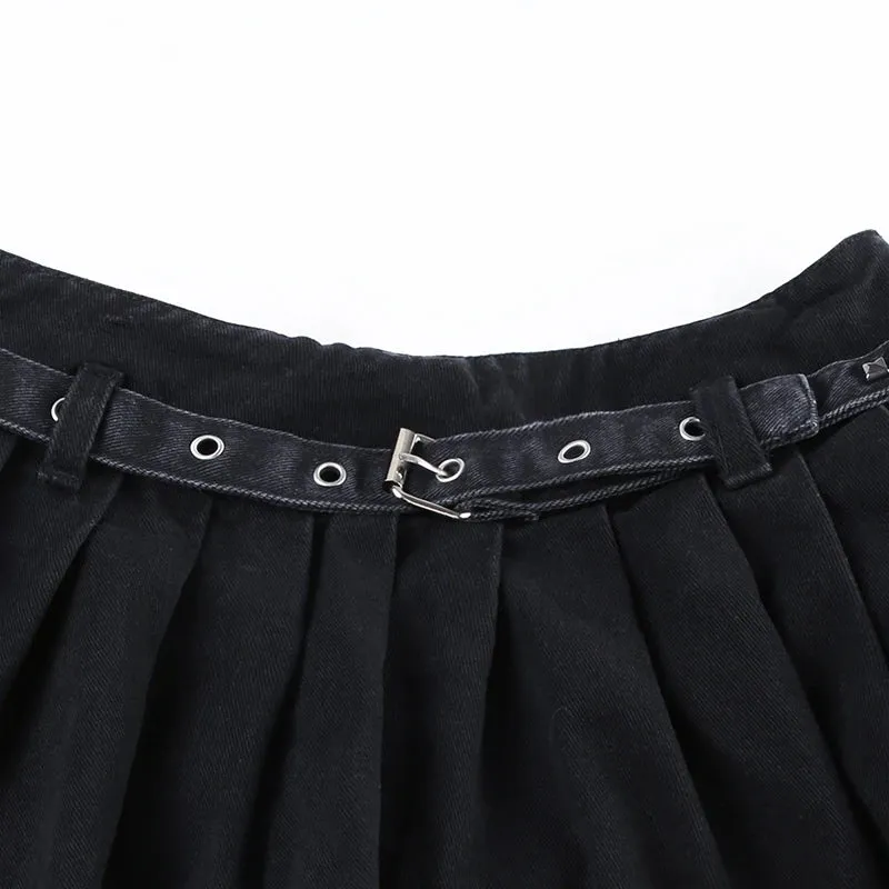 Gothic Mesh Patchwork Denim Pleated Skirt