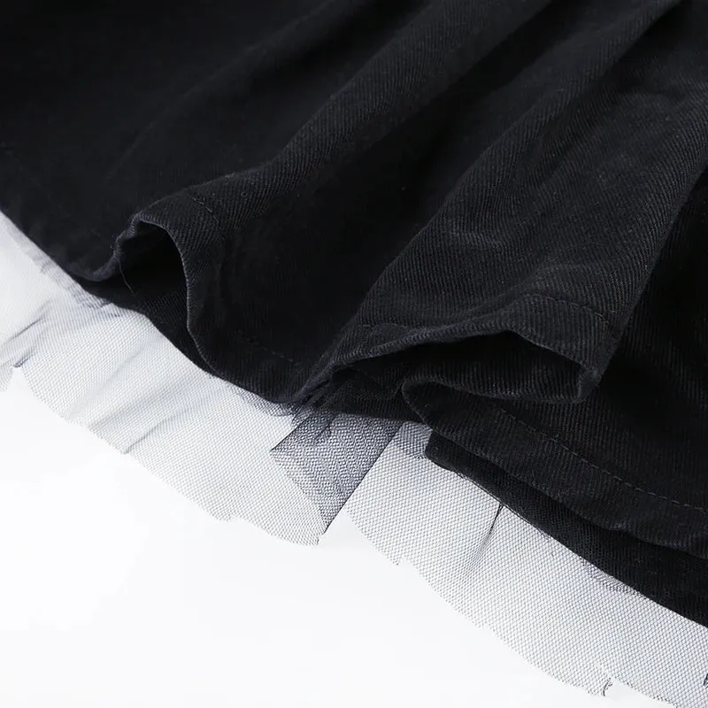 Gothic Mesh Patchwork Denim Pleated Skirt