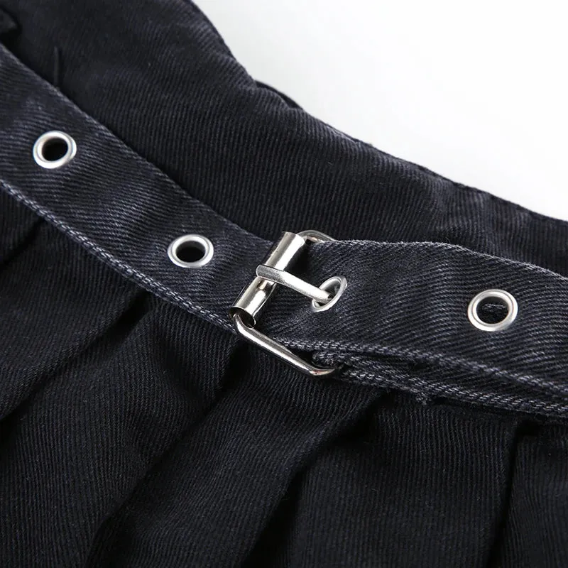 Gothic Mesh Patchwork Denim Pleated Skirt