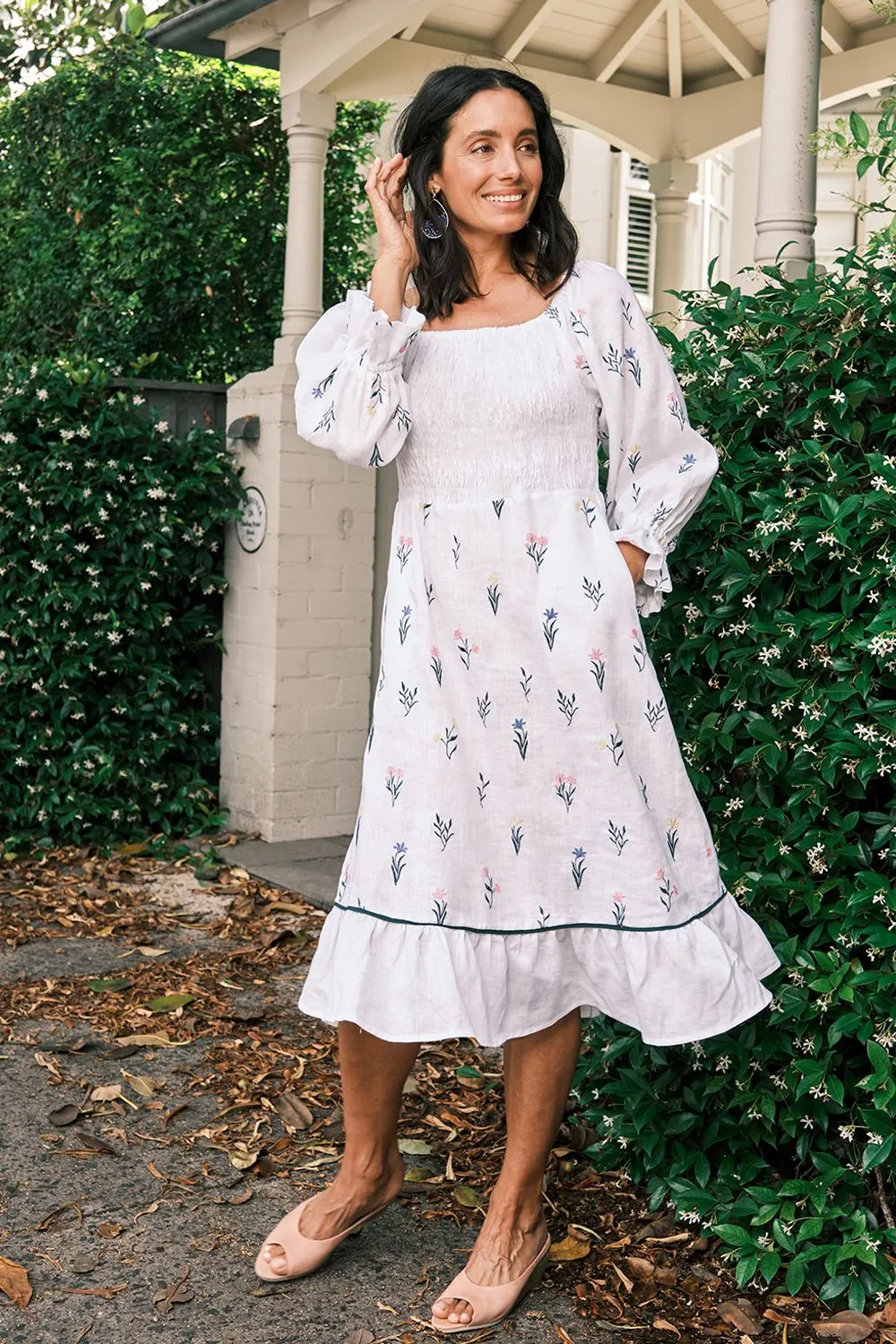 Grace Pure Linen Embroidered Ruched Dress