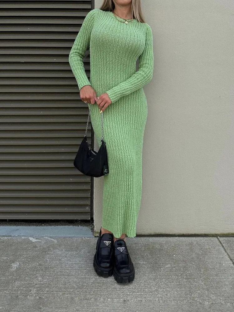Green Dress Autumn Winter New Fashion Round Neck Women Sweater Slim Fit Long Sleeve Dress Streetwear Female Clothing Dresses