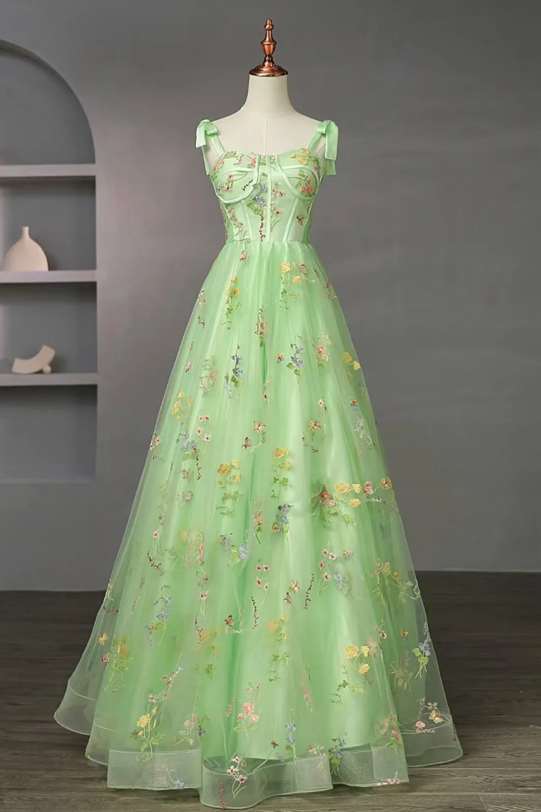 Green Floral Tulle Long Prom Dress, Beautiful Spaghetti Strap Evening Party Dress