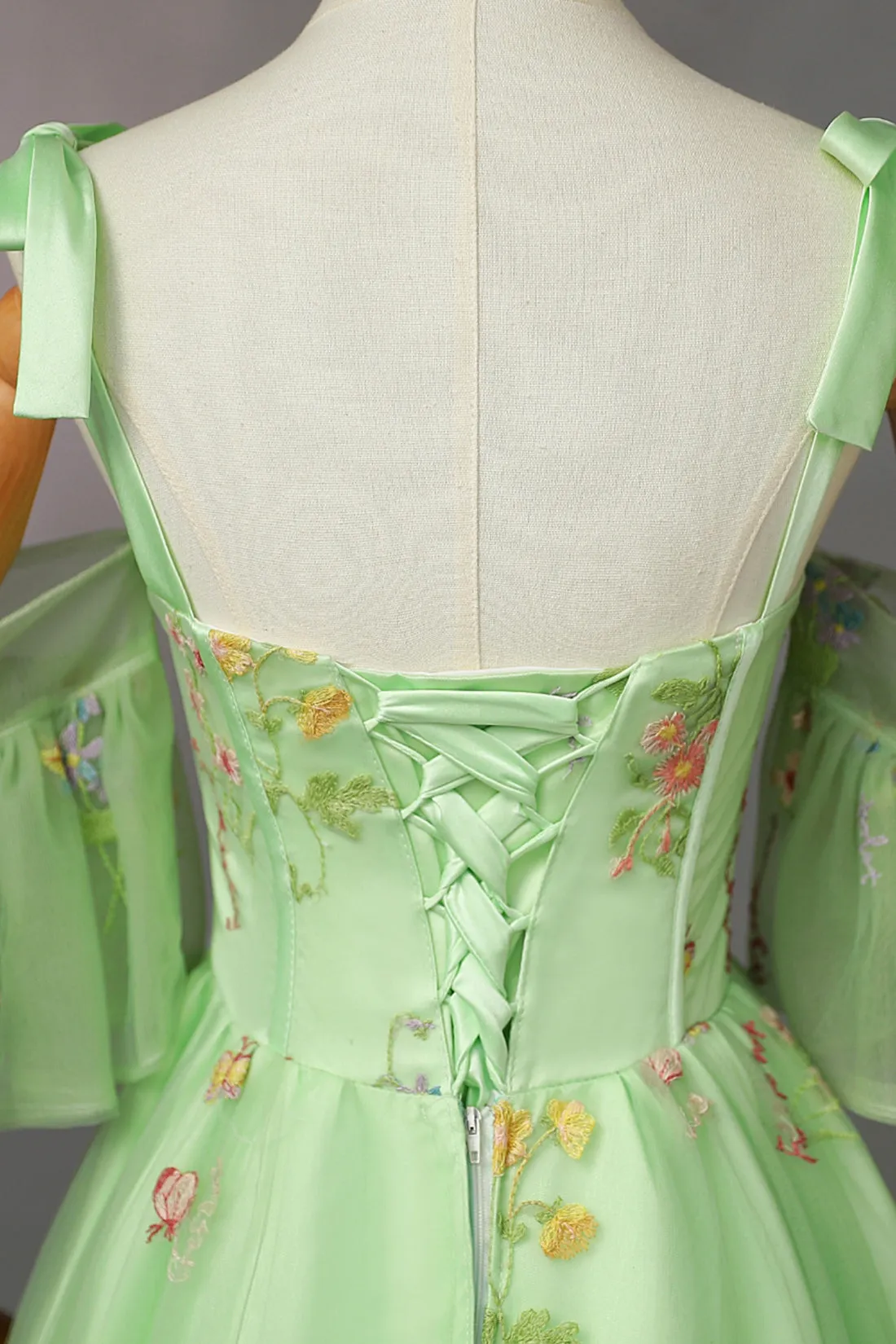 Green Floral Tulle Long Prom Dress, Beautiful Spaghetti Strap Evening Party Dress