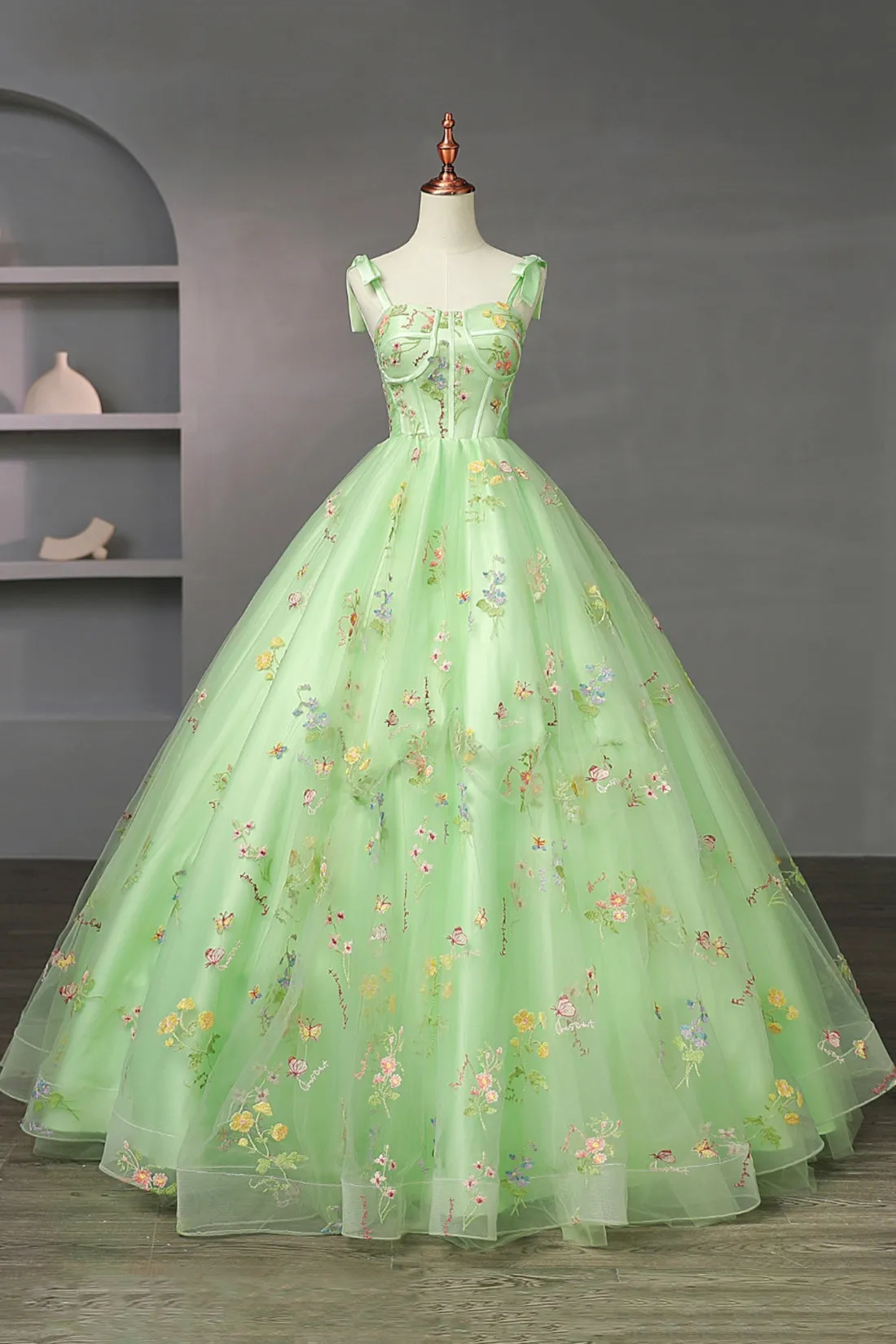 Green Floral Tulle Long Prom Dress, Beautiful Spaghetti Strap Evening Party Dress