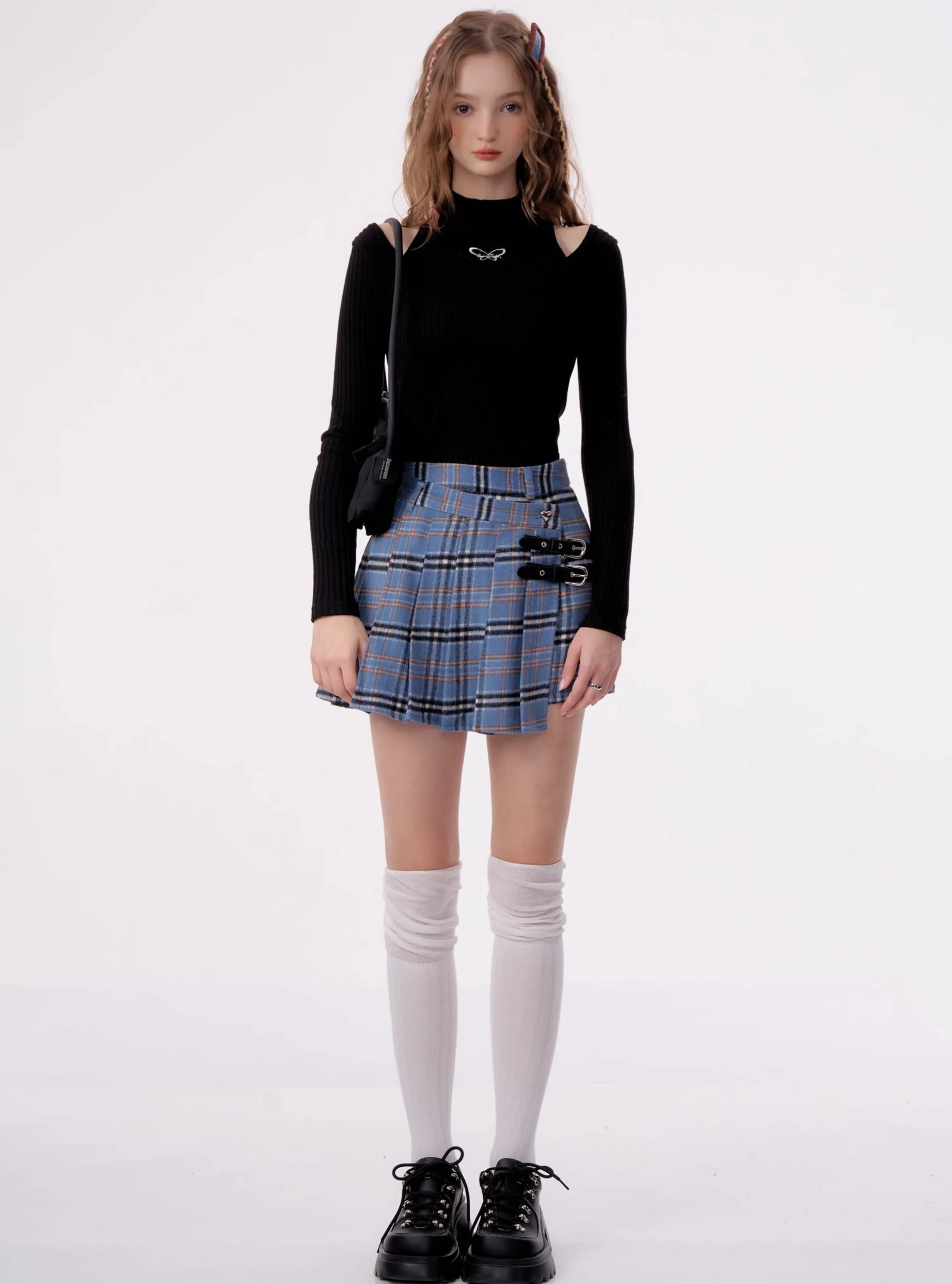High waist pleated tweed plaid Skirt