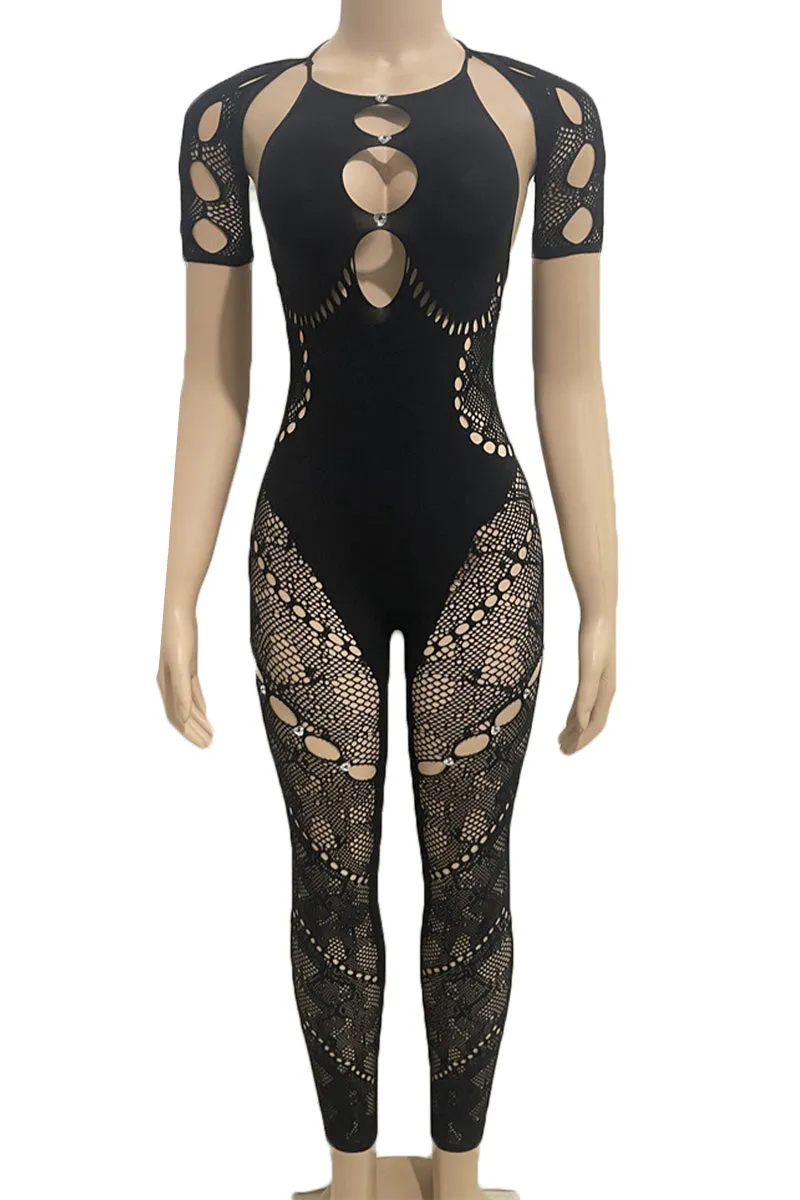 JG0425 Mesh Keyholes Bodycon Jumpsuits