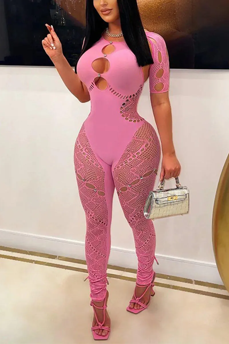 JG0425 Mesh Keyholes Bodycon Jumpsuits