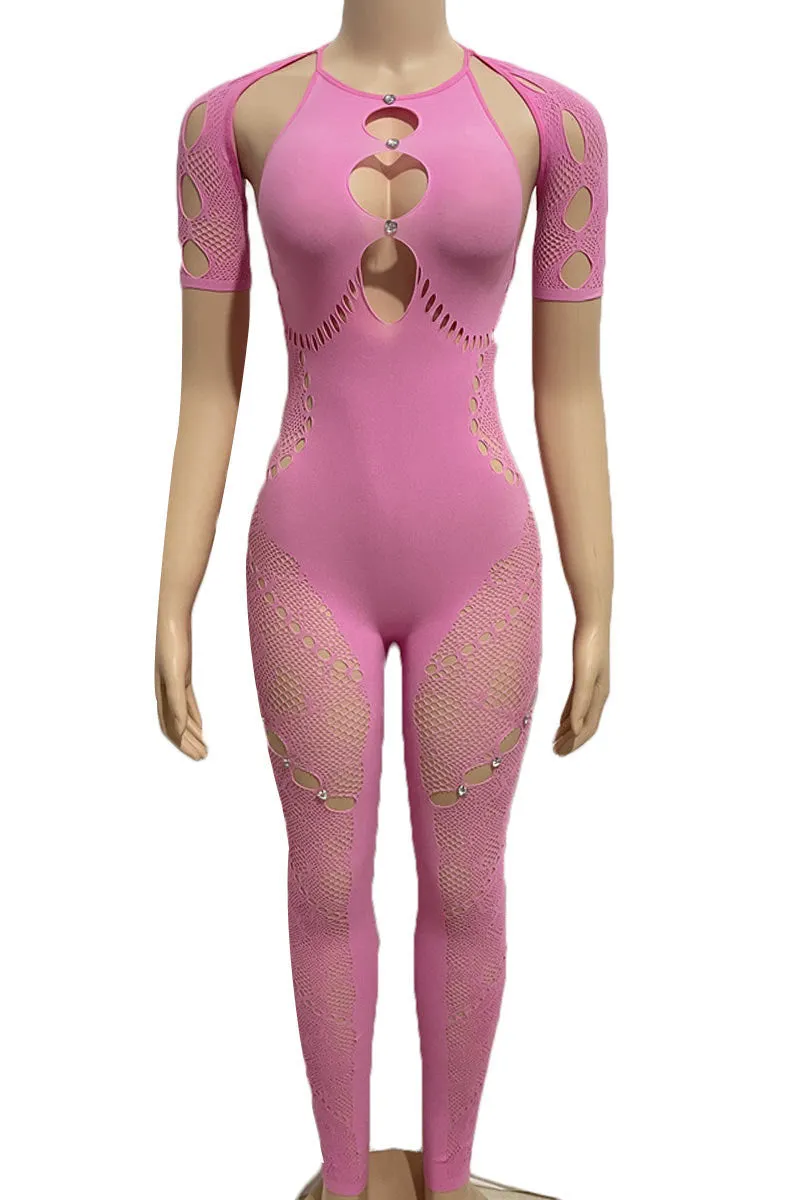 JG0425 Mesh Keyholes Bodycon Jumpsuits
