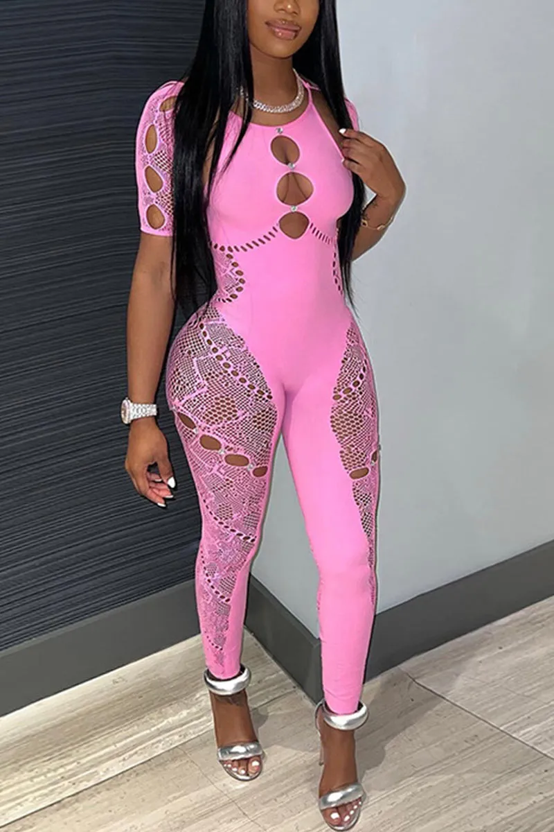JG0425 Mesh Keyholes Bodycon Jumpsuits