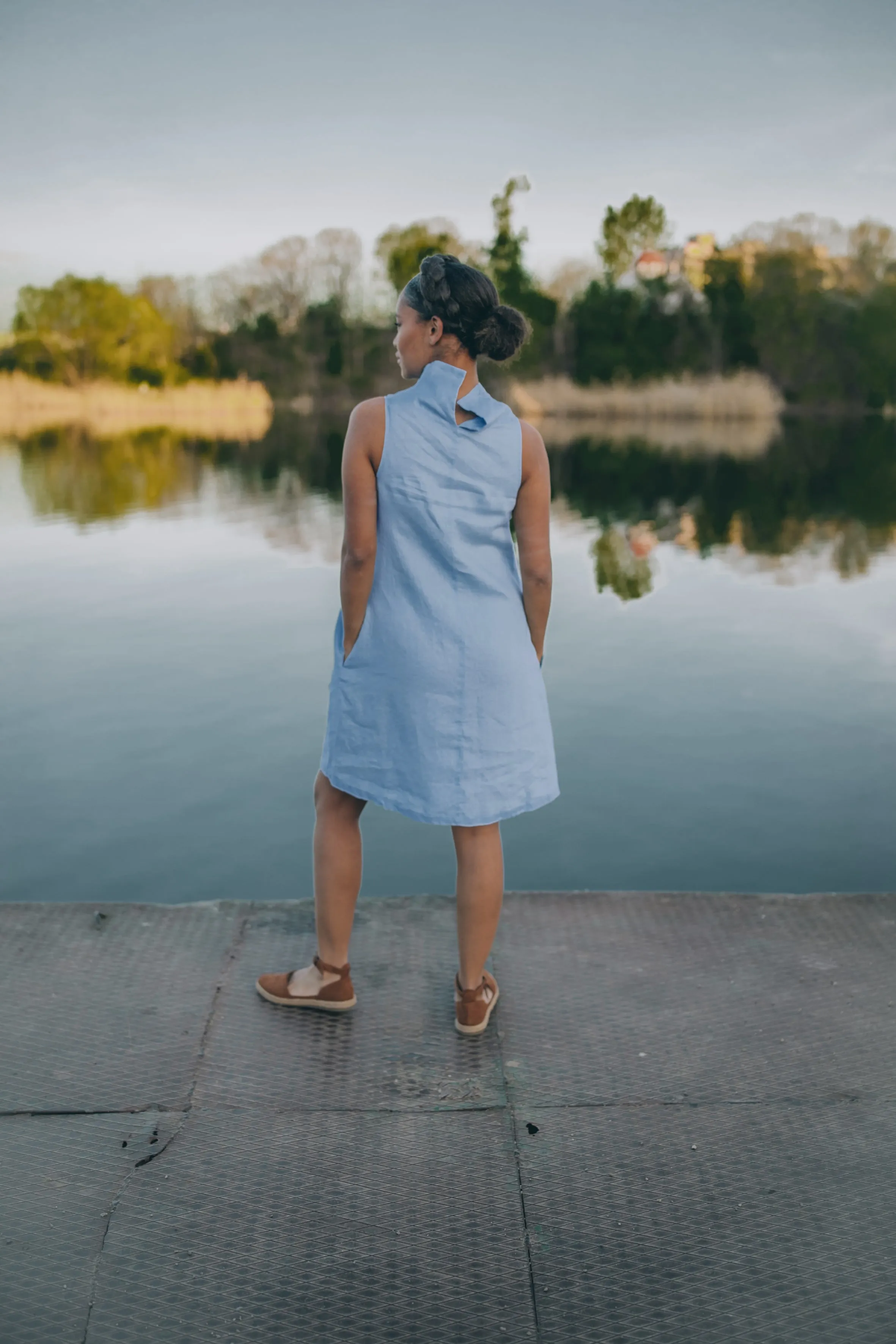 Knee Length Linen Dress with Cowl Neck
