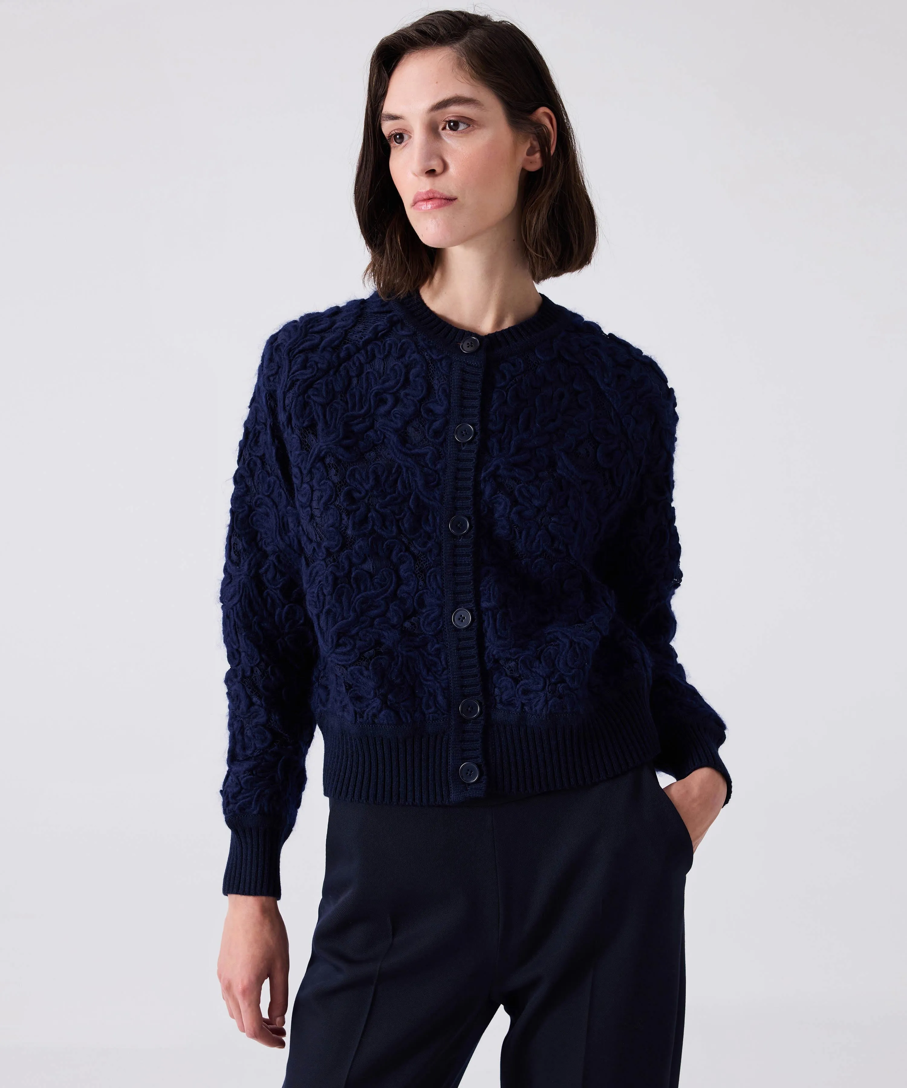 Machka Cardigan With Wool Embroidery On Lace Navy