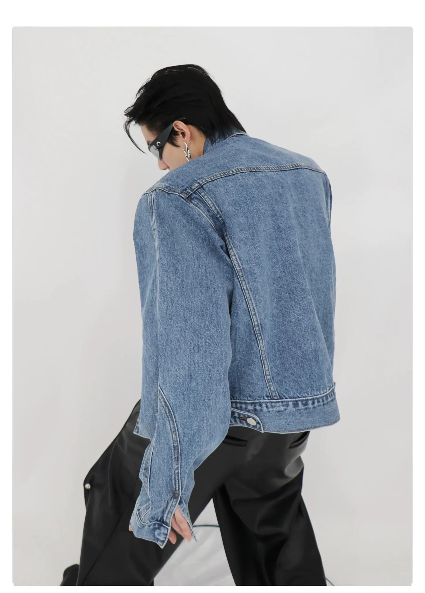 Metallic Patchwork Padded Shoulder Denim Jacket | Casual Loose-Fit Premium Coat
