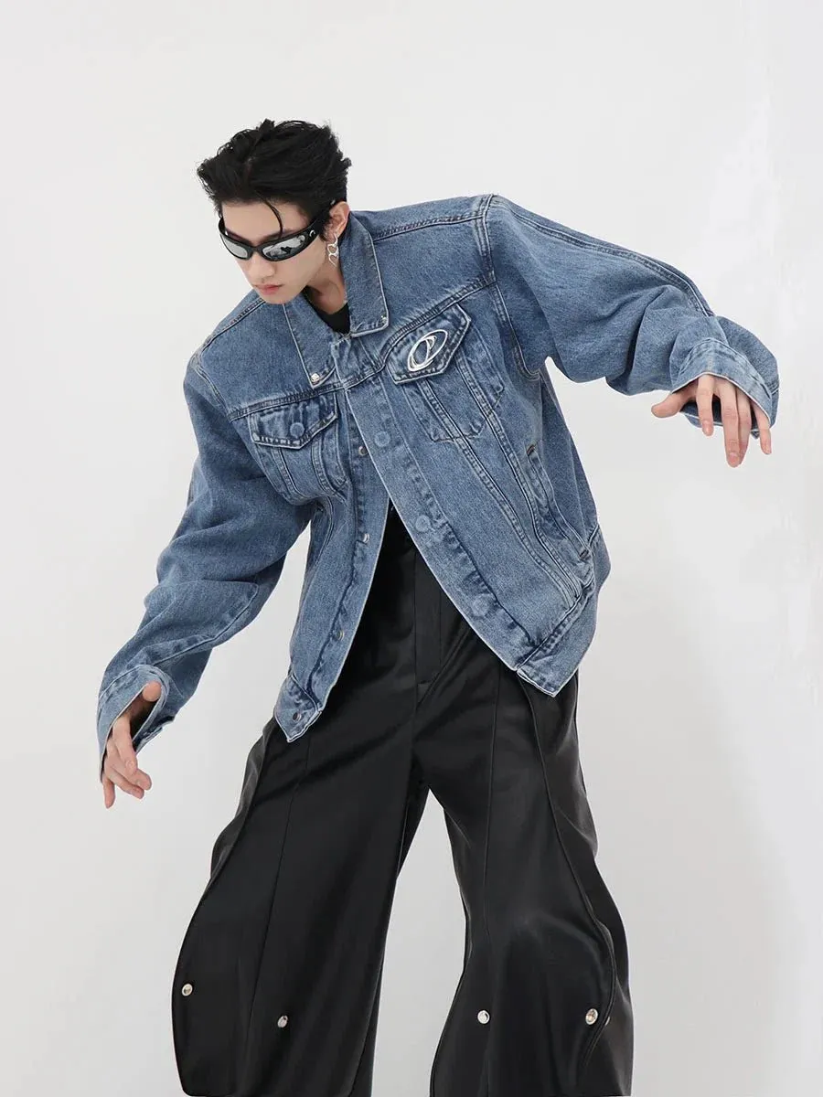 Metallic Patchwork Padded Shoulder Denim Jacket | Casual Loose-Fit Premium Coat